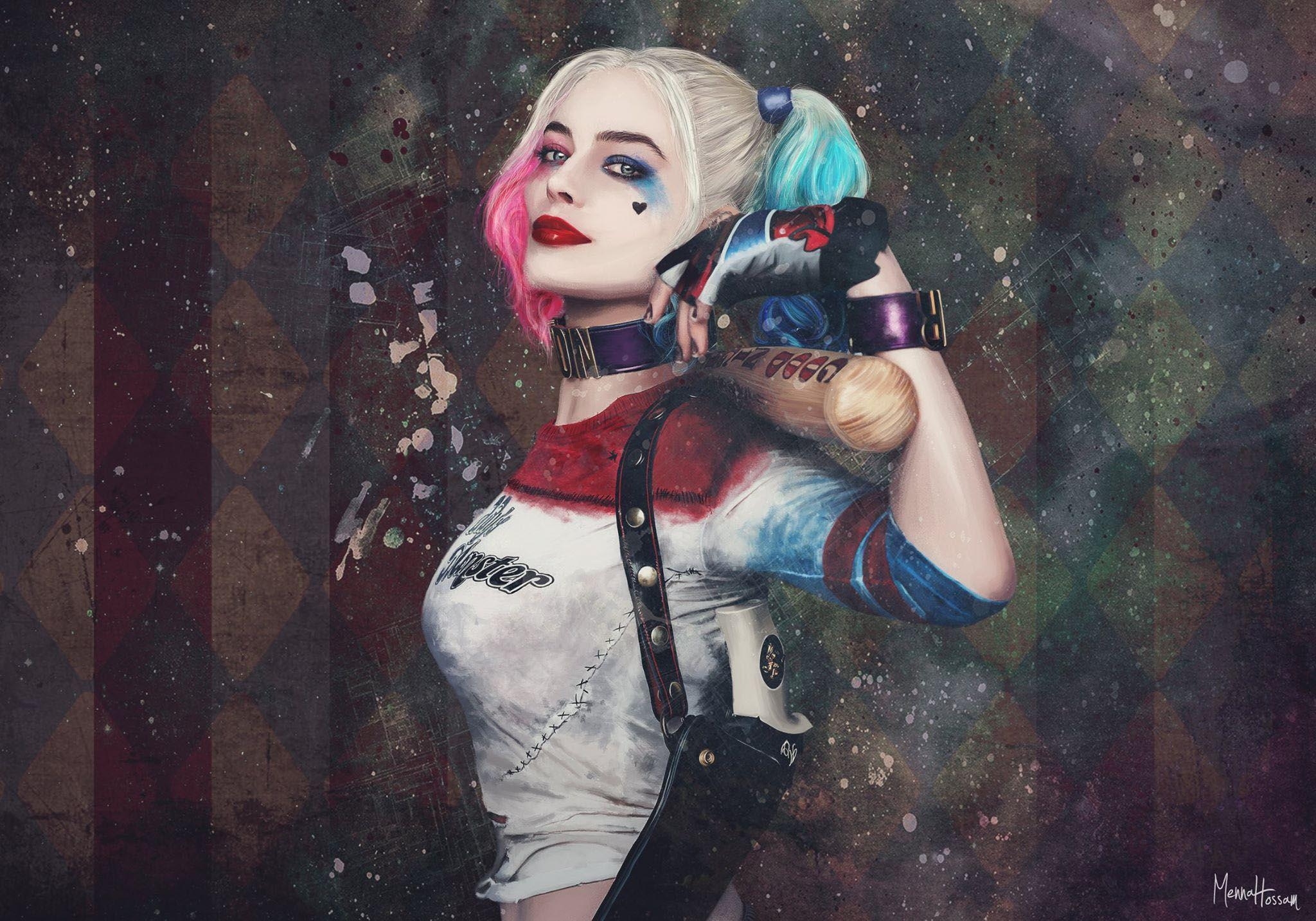 Blond, Lippenstift, blaue Augen, Baseballschläger, Harley Quinn, 2050x1440 HD Desktop
