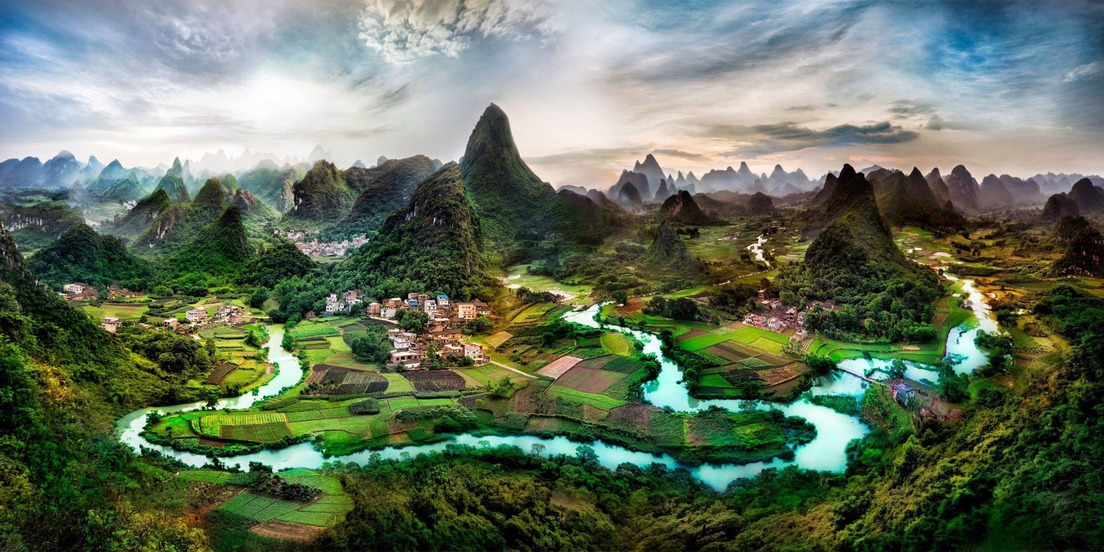 China, Landschaft, Kultur, Reisen, Bild, 3600x1800 Dual Screen Desktop