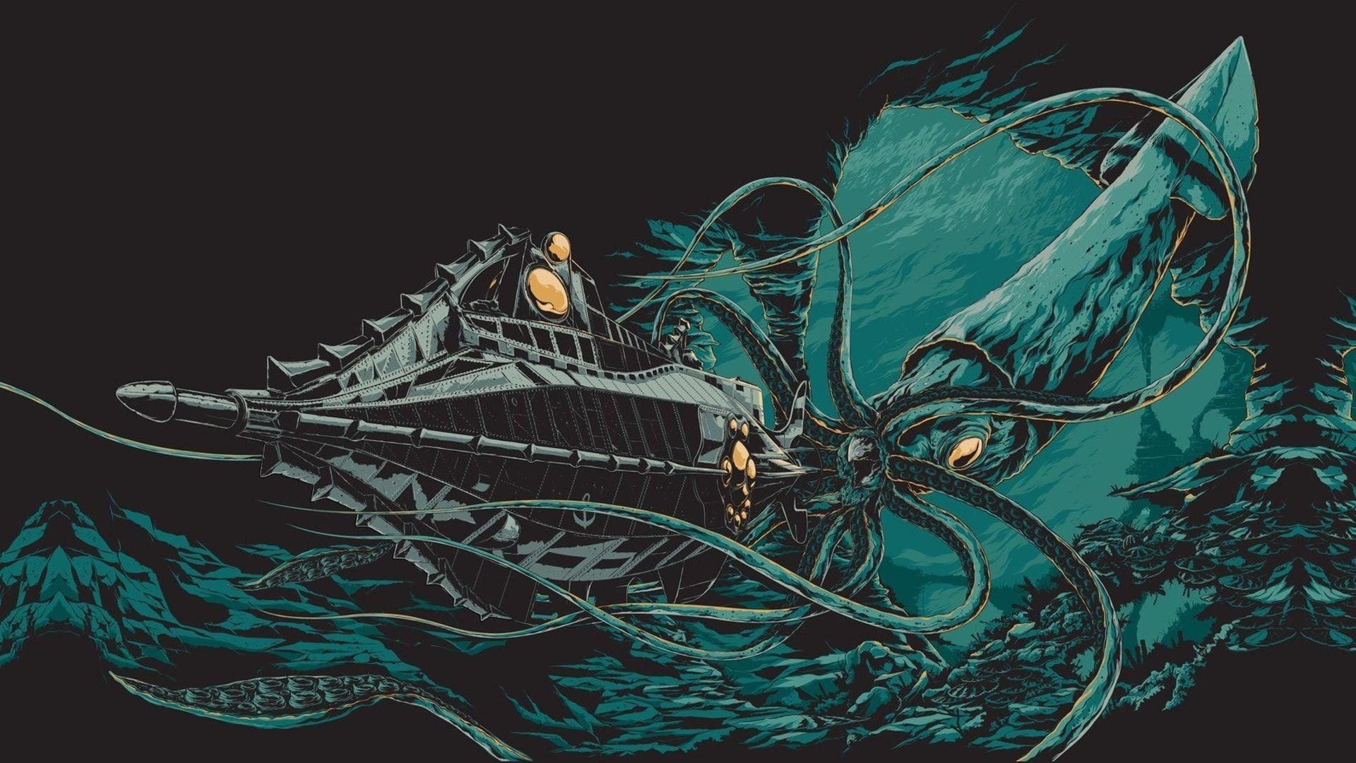 Jules Verne, Riesenkrake, digitale Kunst, Illustration, HD, 1920x1080 Full HD Desktop