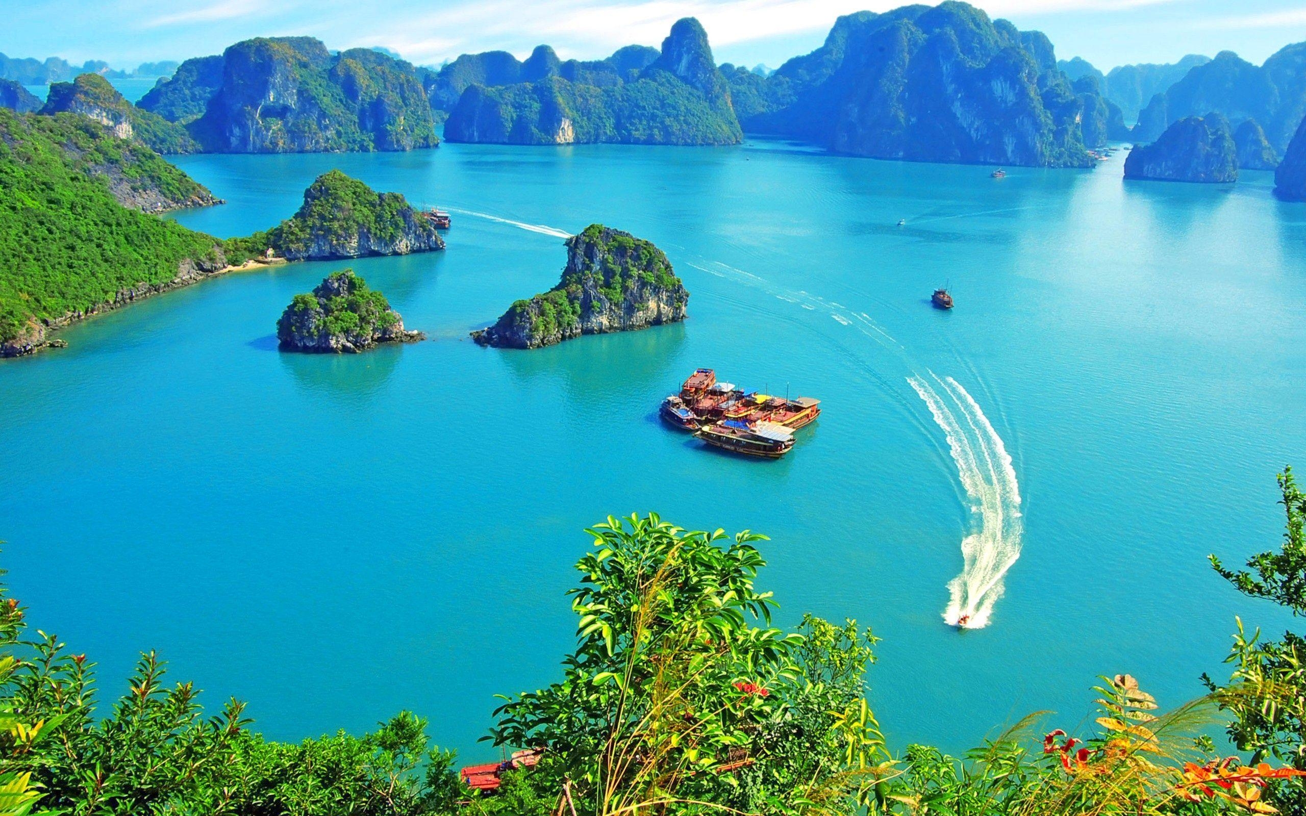 Vietnam, Ha Long Bucht, Vegetation, Insel, Boot, 2560x1600 HD Desktop