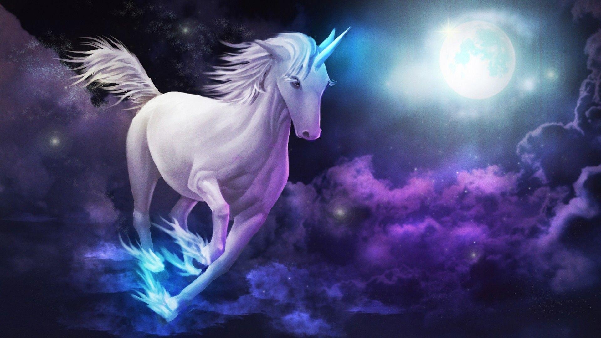 Einhorn Galopp, Himmel Wolken, Vollmond, Magie, Fantasie, 1920x1080 Full HD Desktop