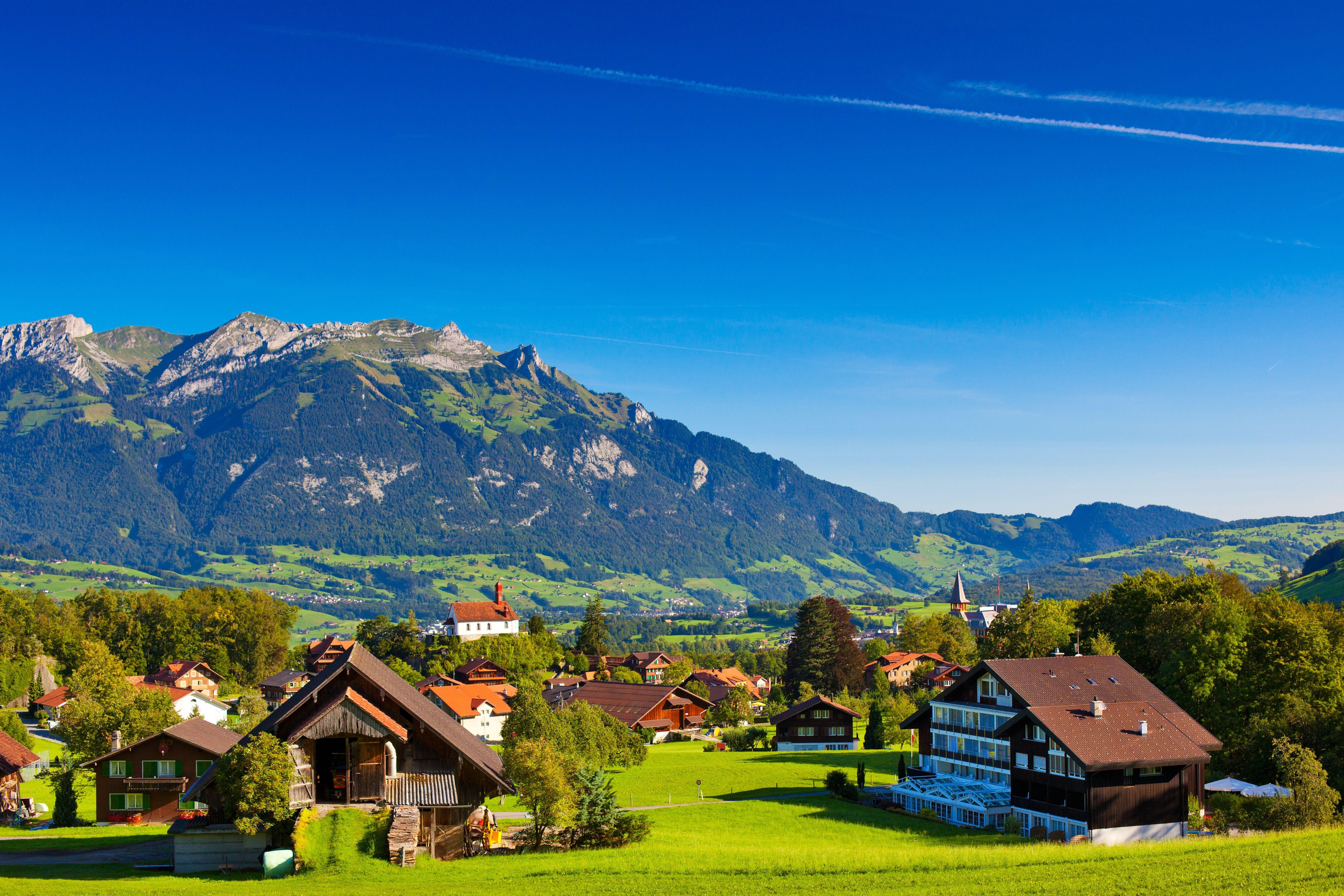 Schweizer Alpen, Berge, Dorf, 5K, Reise, 5300x3530 4K Desktop