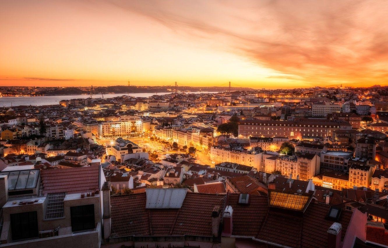 Lissabon, Sonnenuntergang, Fluss, Panorama, Nacht, 1340x850 HD Desktop