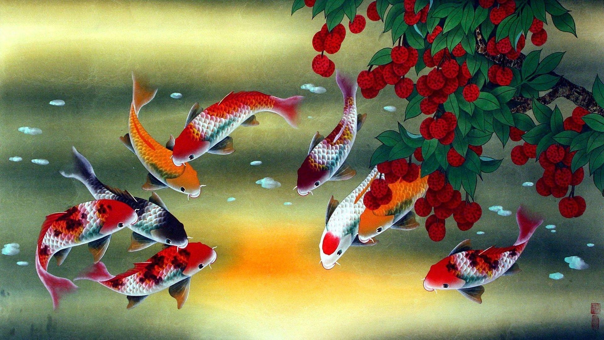 Koi Fisch, Lebendig, Farbenprächtig, Digital, Hintergrund, 1920x1080 Full HD Desktop