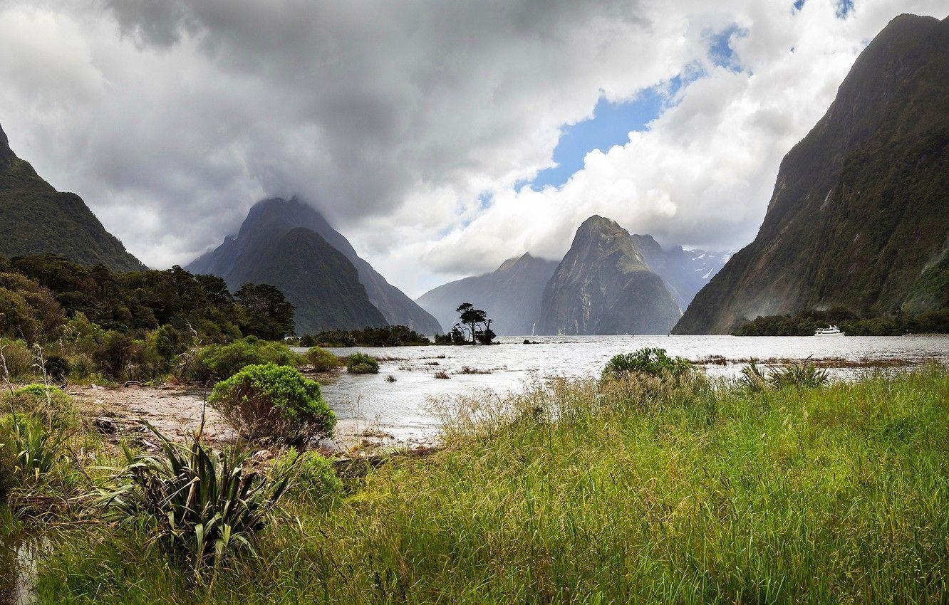 Gras, Bäume, Berge, Fluss, Fiordland, 1340x850 HD Desktop