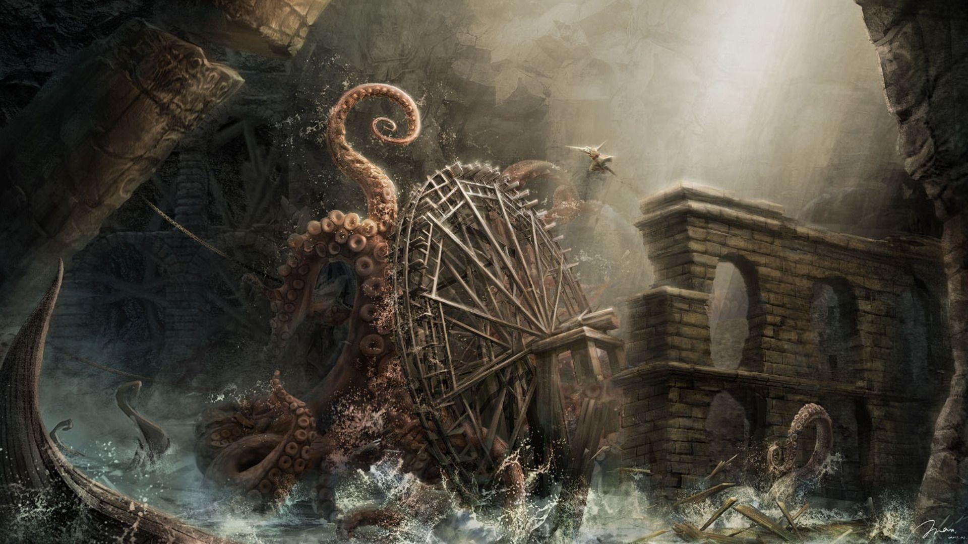 Kraken, doppelt, Wallpaper, Tentakel, Monströs, 1920x1080 Full HD Desktop