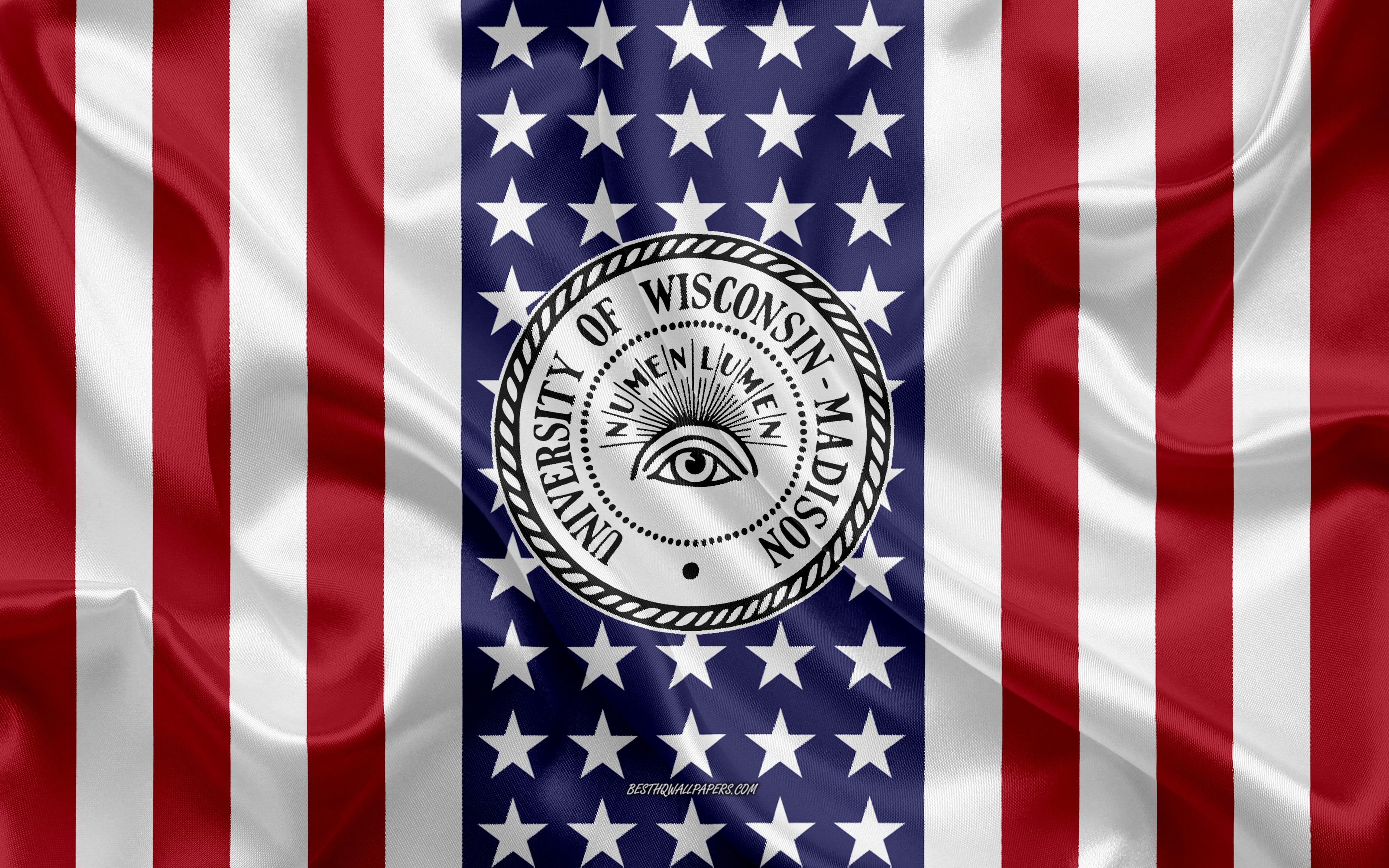 Universität Wisconsin Madison, Emblem, Amerikanische Flagge, Logo, USA, 3840x2400 4K Desktop