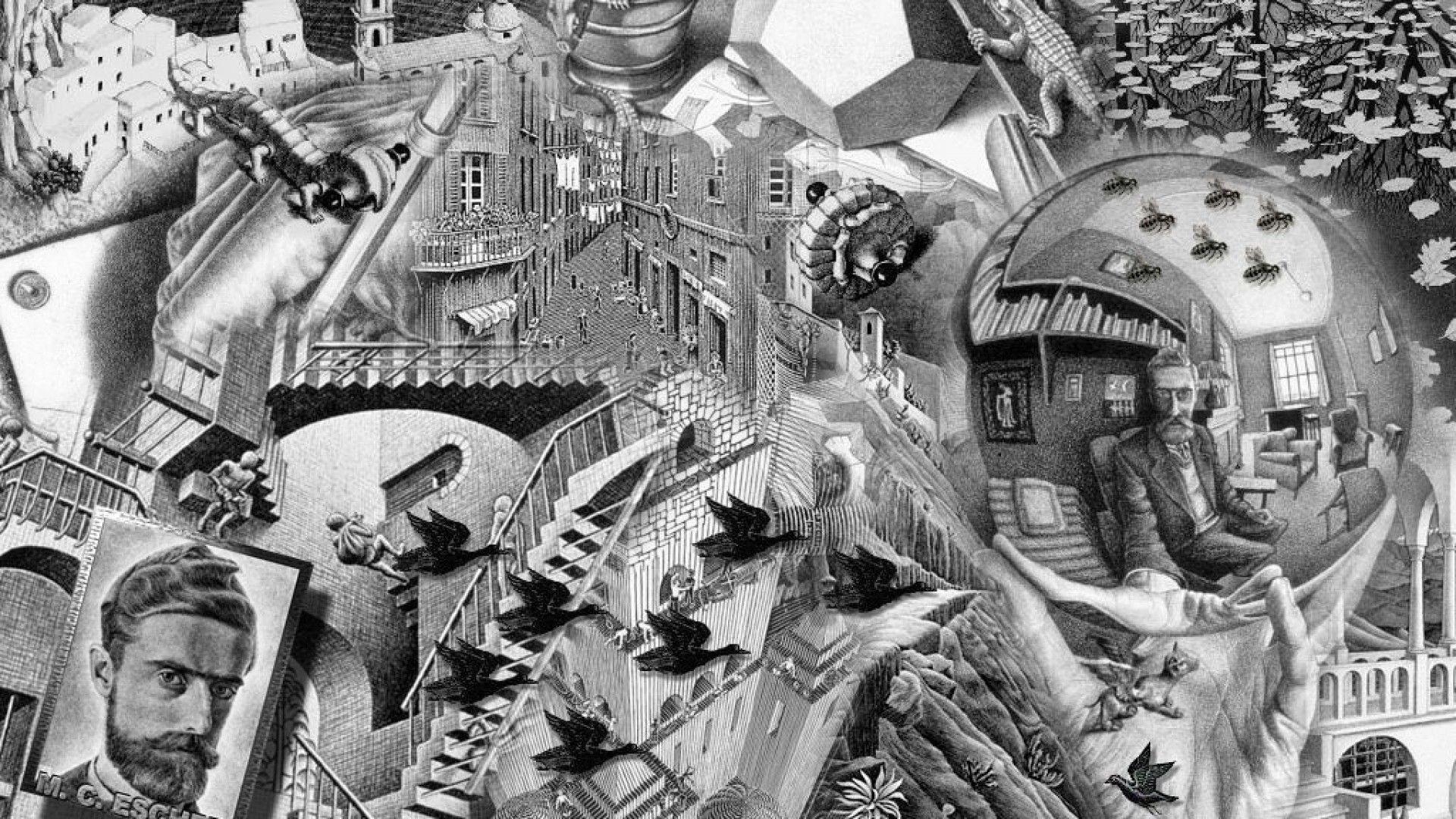 Escher, kunstvolle Muster, visuelle Illusion, detailliert, HD, 1920x1080 Full HD Desktop