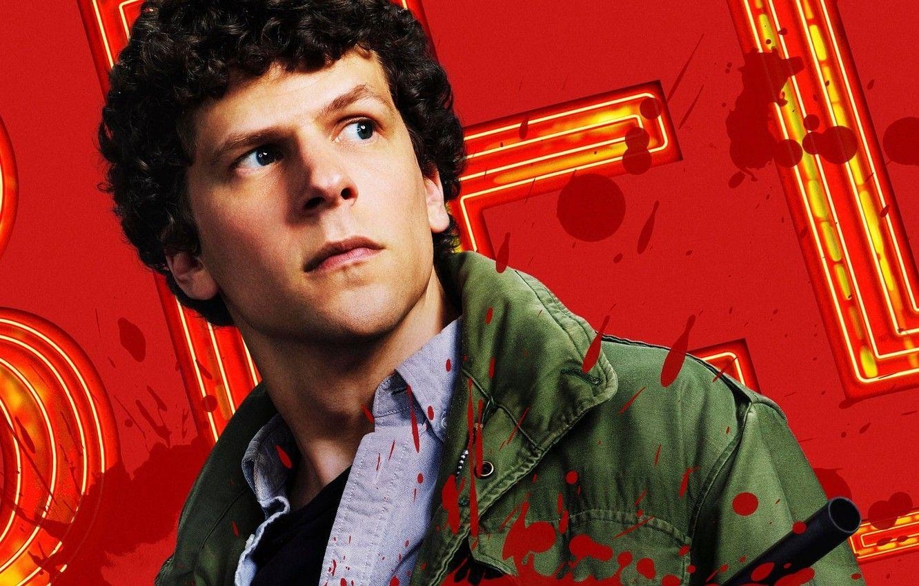 Jesse Eisenberg, Pose, Waffen, Porträt, Plakat, 1340x850 HD Desktop