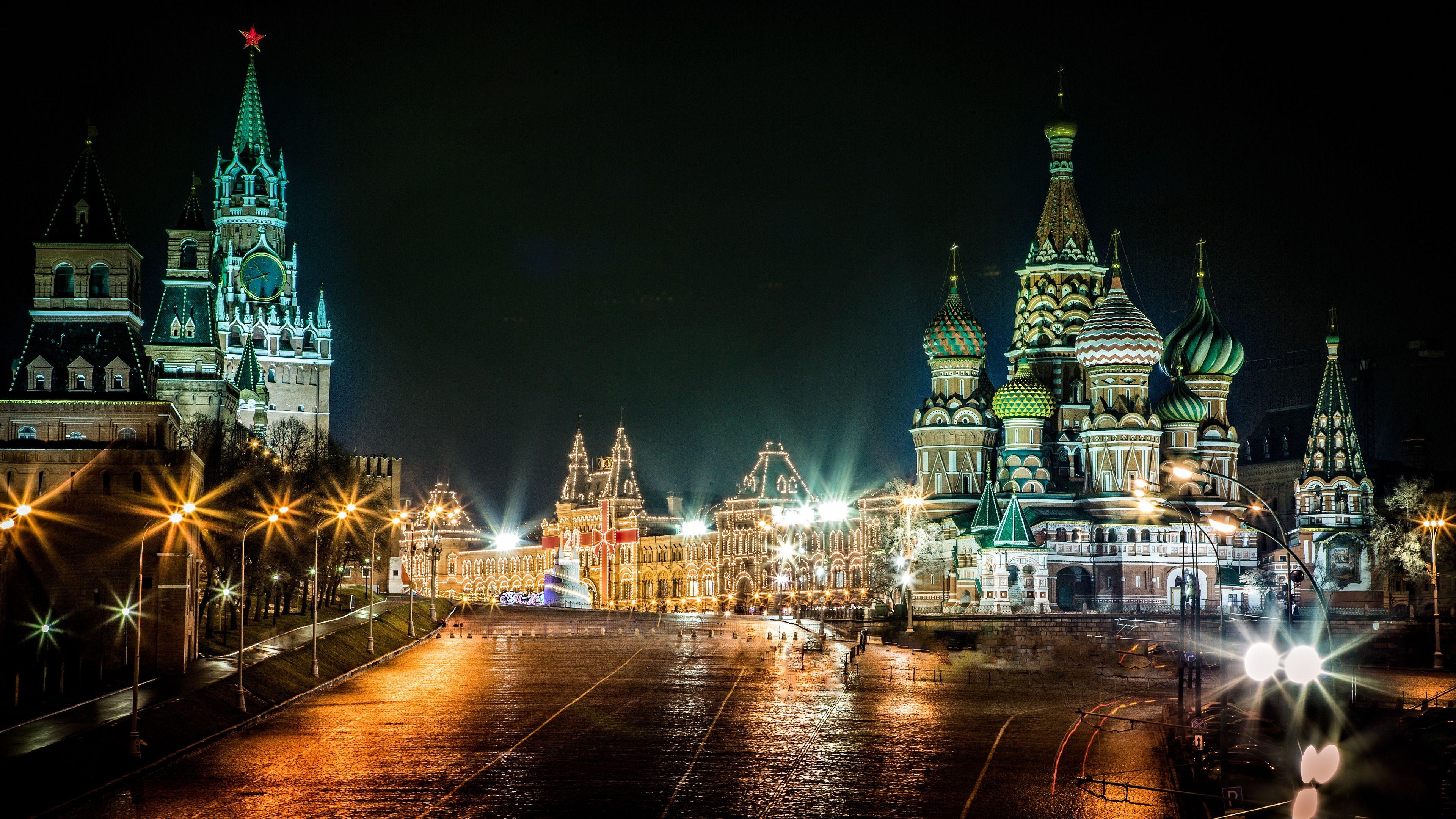 Roter Platz, Nacht, Moskau, Russland, Weitansicht, 3840x2160 4K Desktop