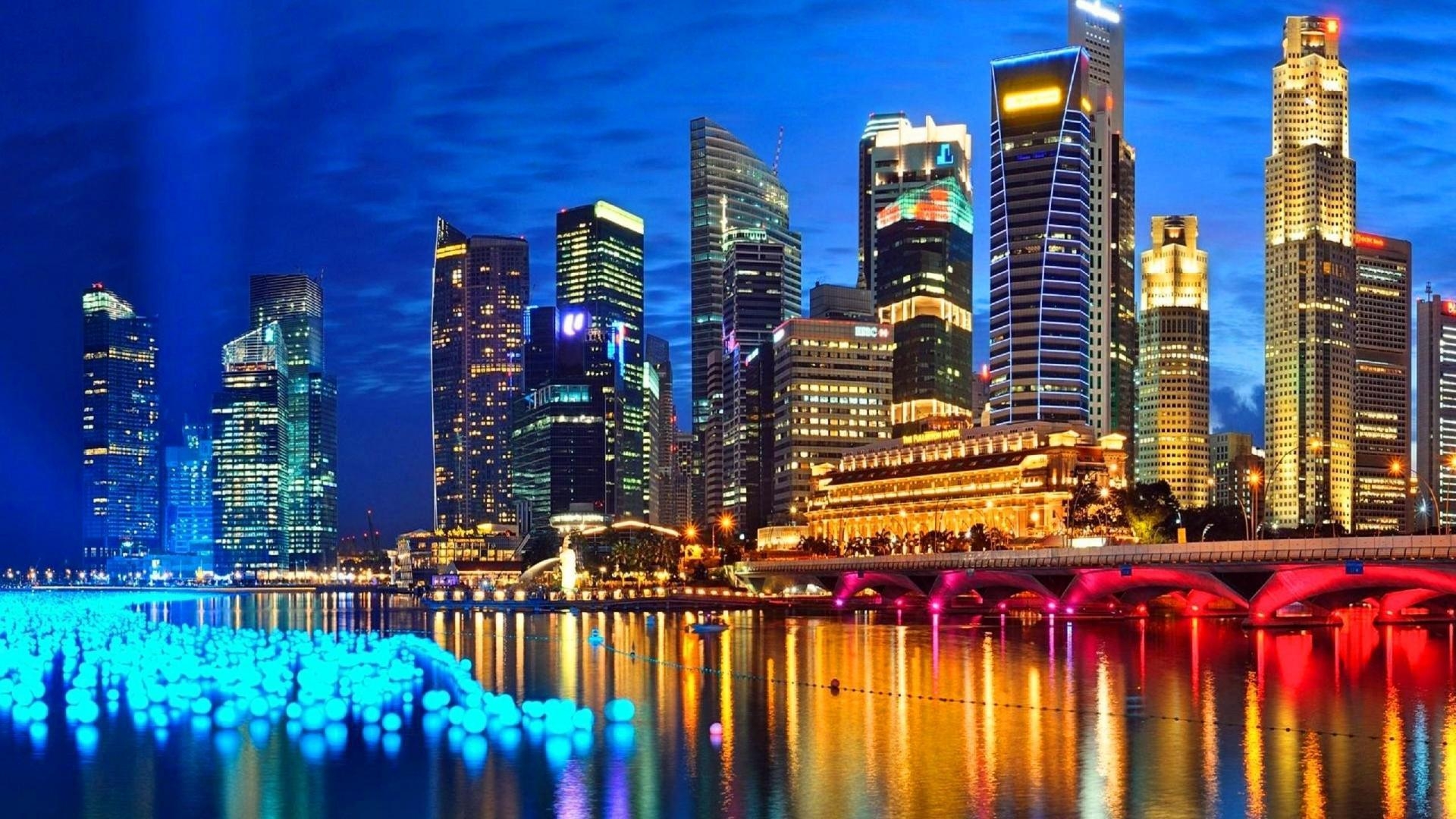 Singapur, Nacht, Stadtlandschaft, Gebäude, Hintergrund, 1920x1080 Full HD Desktop