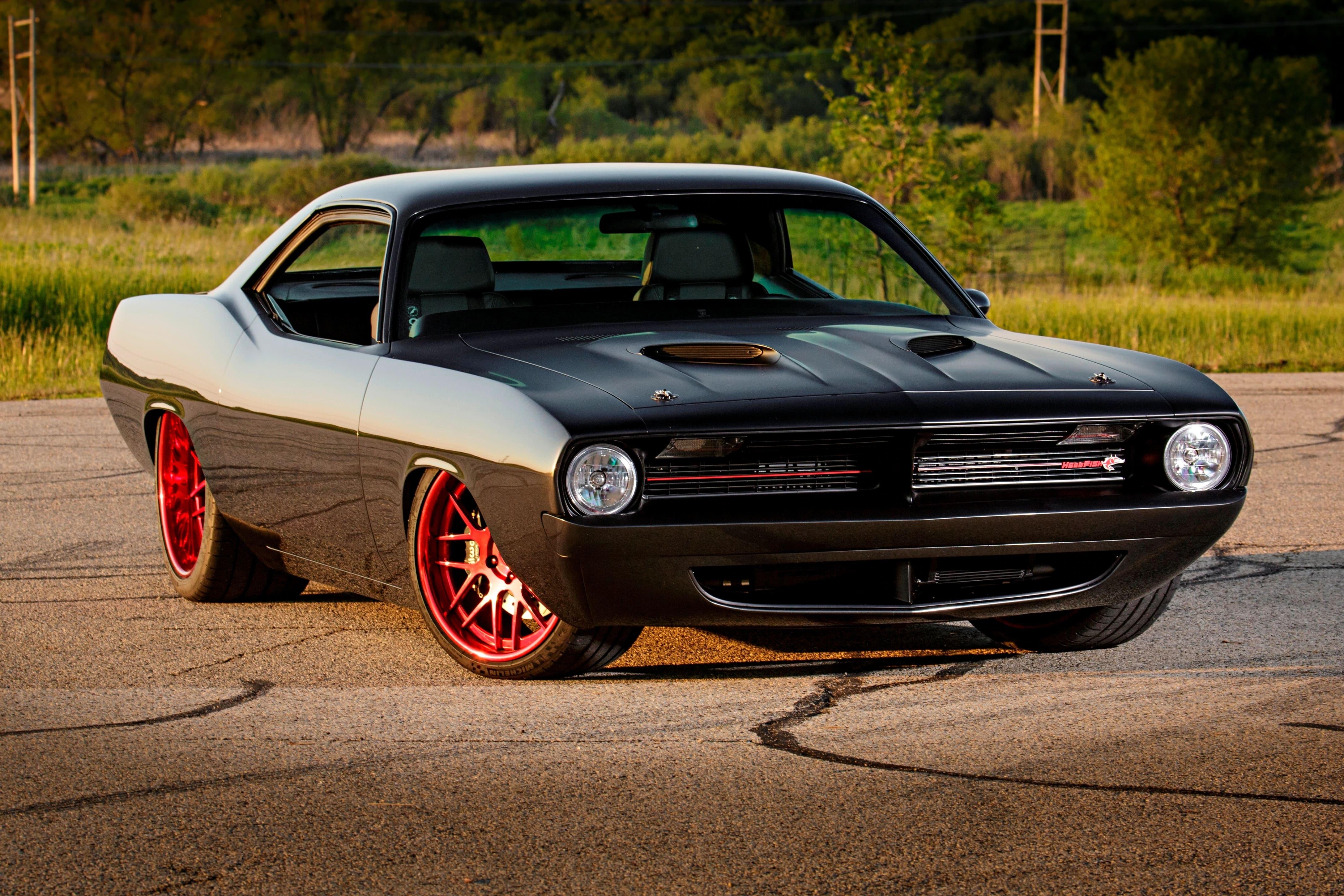 Plymouth Barracuda, schwarzes Auto, Classic, Muscle Car, Hintergrund, 4350x2900 4K Desktop