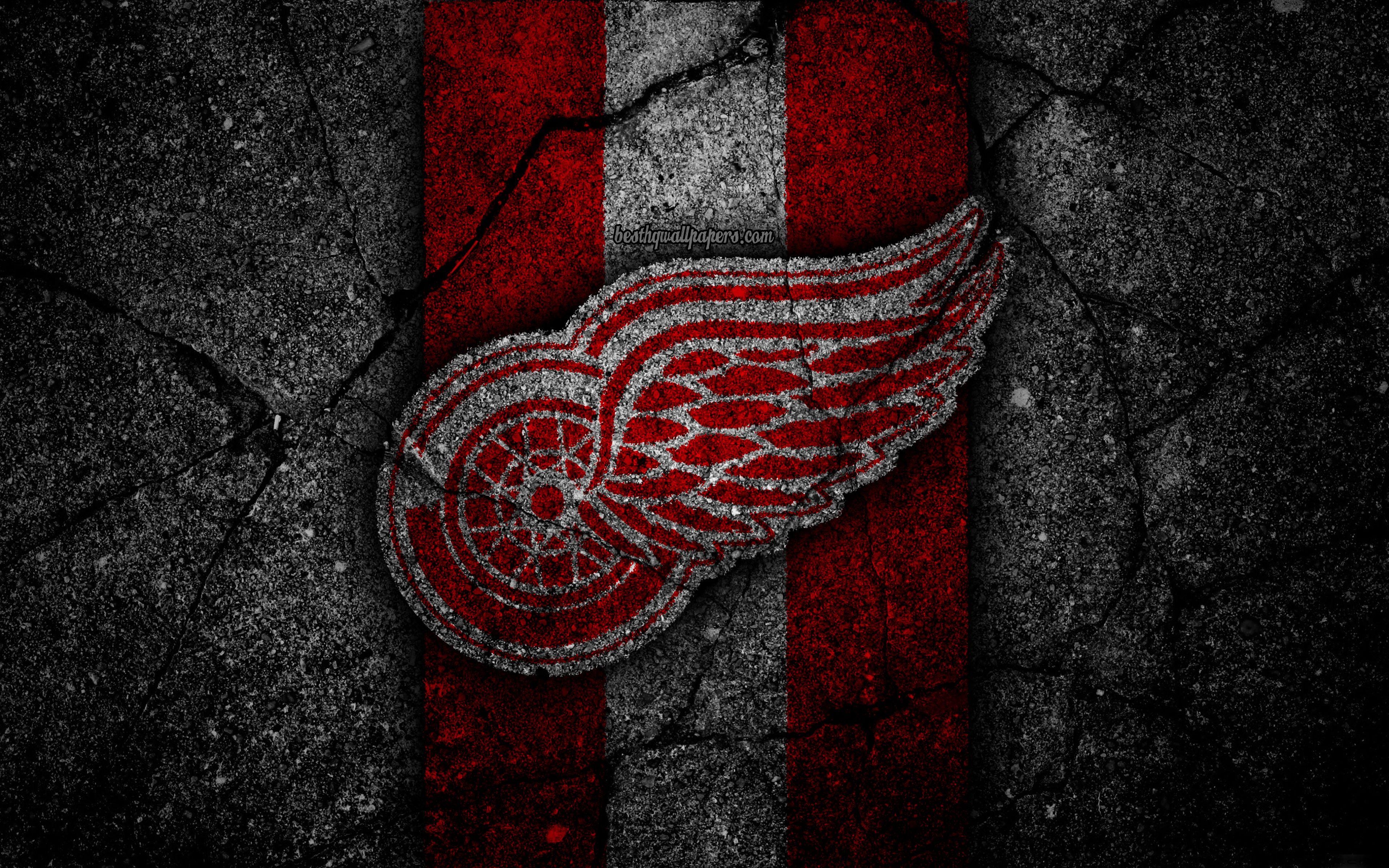 Detroit Red Wings, 4K, Logo, Schwarzer Stein, NHL, 3840x2400 4K Desktop