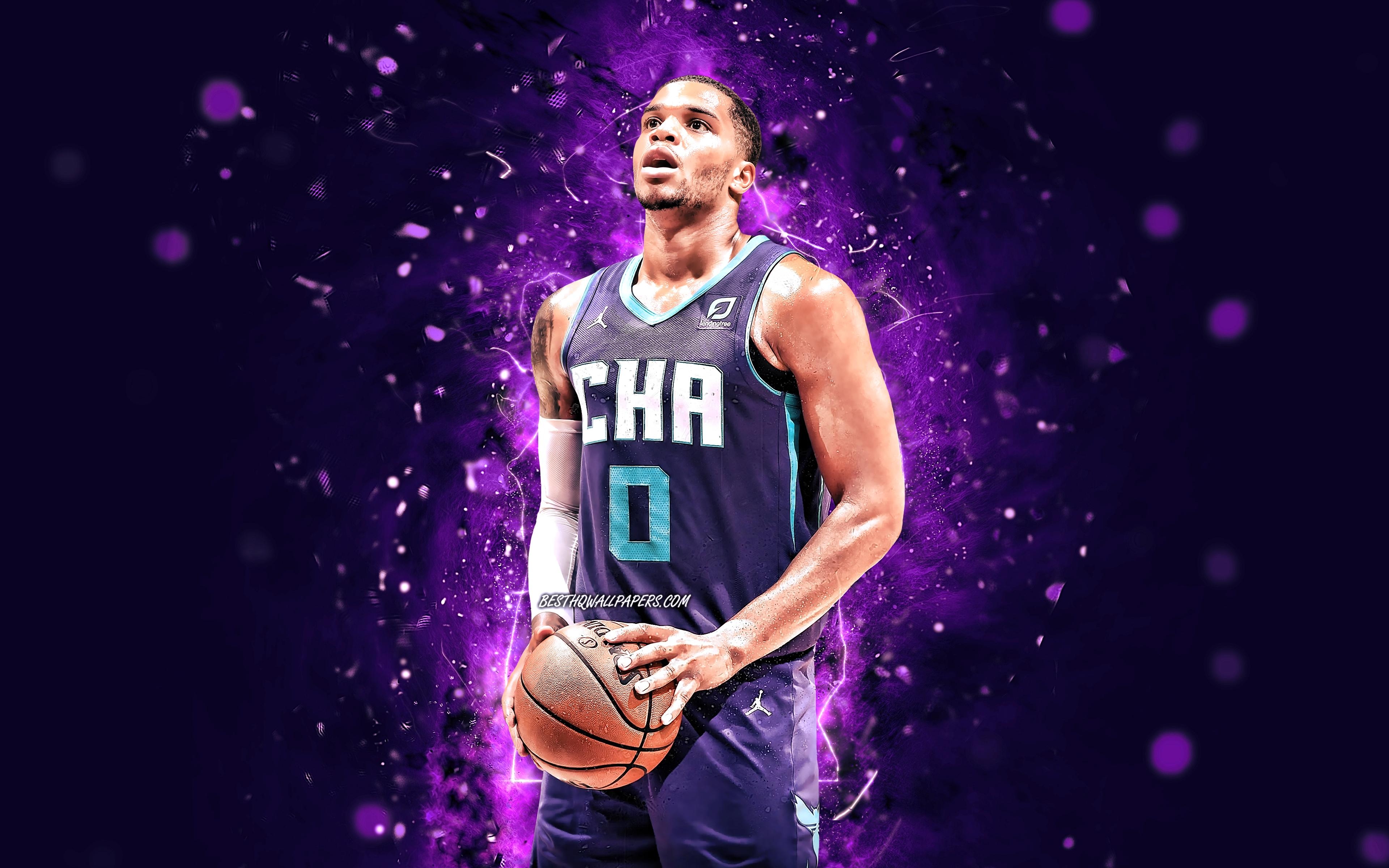 Miles Bridges, 4K, Charlotte Hornets, Neonlichter, Basketball, 3840x2400 4K Desktop