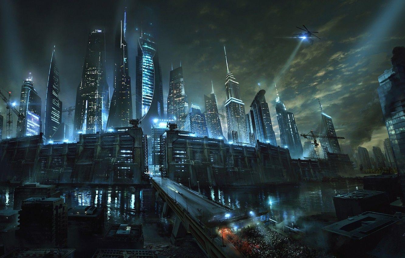 Maze Runner, Nacht, Stadt, Fluss, Fiktion, 1340x850 HD Desktop