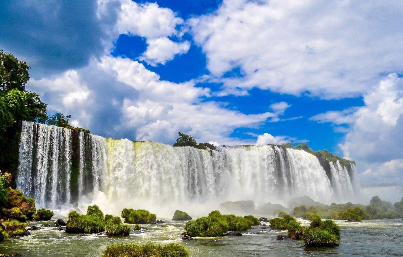 Wasserfall, Himmel, Wolken, Brasilien, Natur, 1340x850 HD Desktop