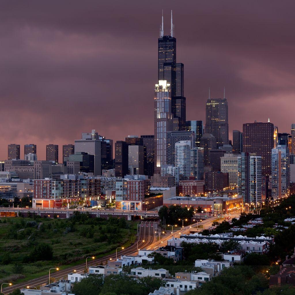 Chicago, Sonnenuntergang, Sturm, Stadtansicht, Dramatik, 1030x1030 HD Handy