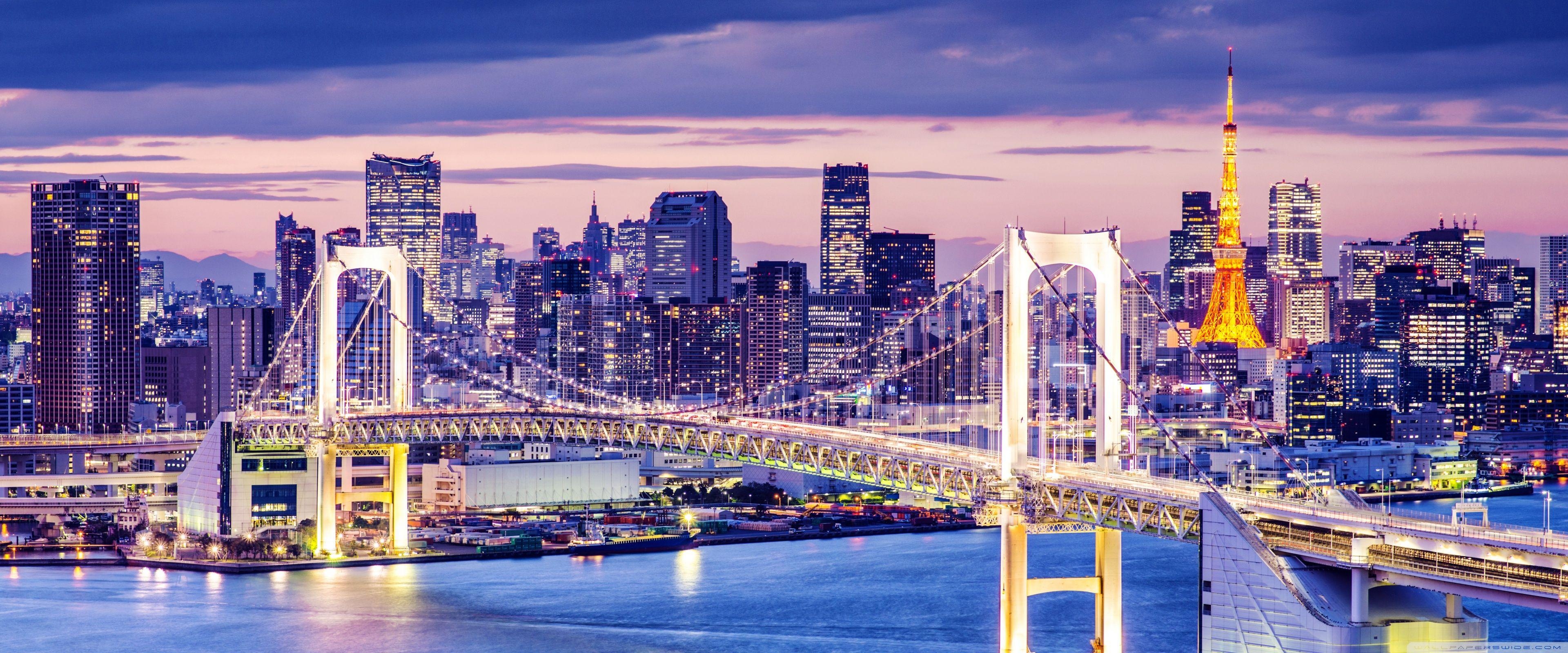 Tokyo, Rainbow Bridge, Japan, 4K, Schöner Anblick, 3840x1600 Dual Screen Desktop