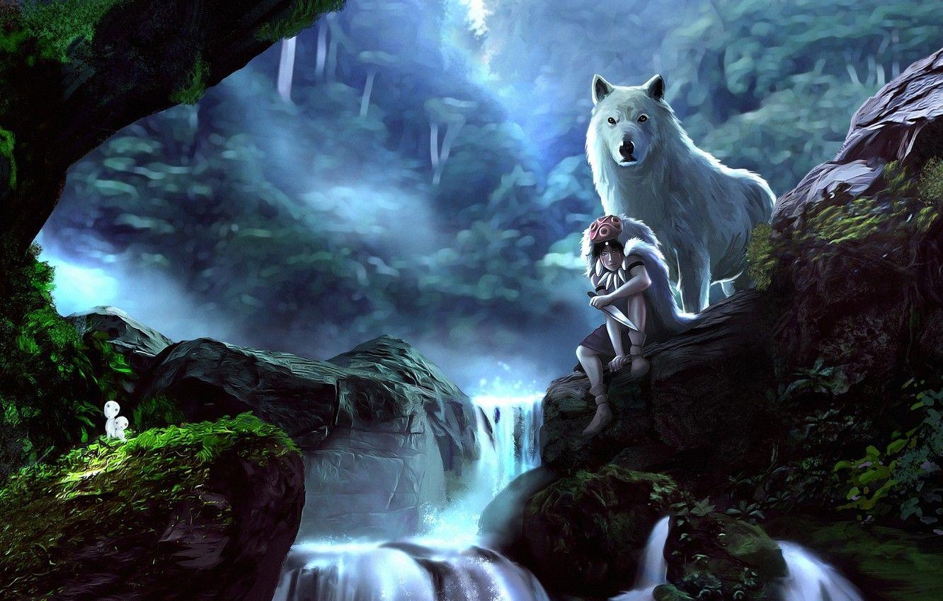 Wald Mädchen Steine, Wolf Kunst, Prinzessin Mononoke, Anime, Ghibli, 1340x850 HD Desktop