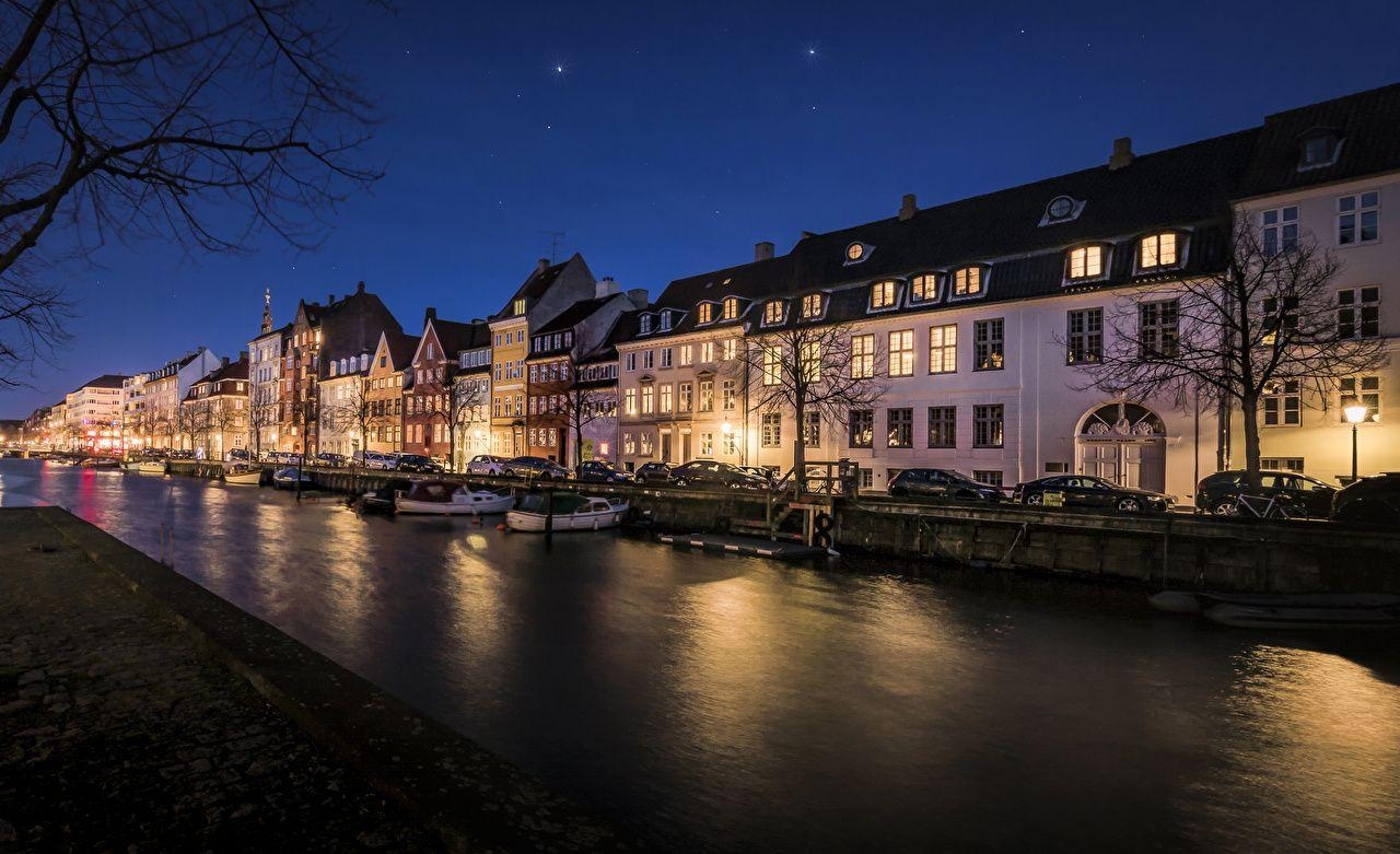 Kopenhagen Dänemark, Kanal, Nacht, Straßenlichter, Anlegestelle, 1280x790 HD Desktop