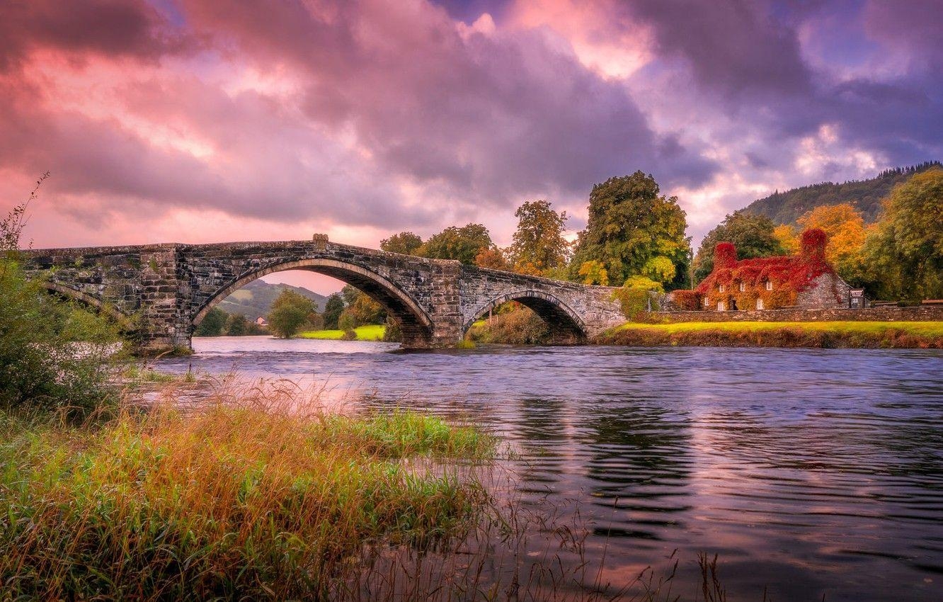 Herbst, Natur, Fluss, Wales, Brücke, 1340x850 HD Desktop