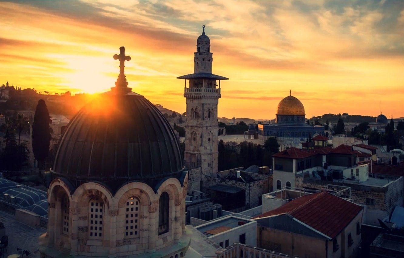 Jerusalem Sonnenuntergang, Kreuz, Skyline, Heiliges Land, 1340x850 HD Desktop