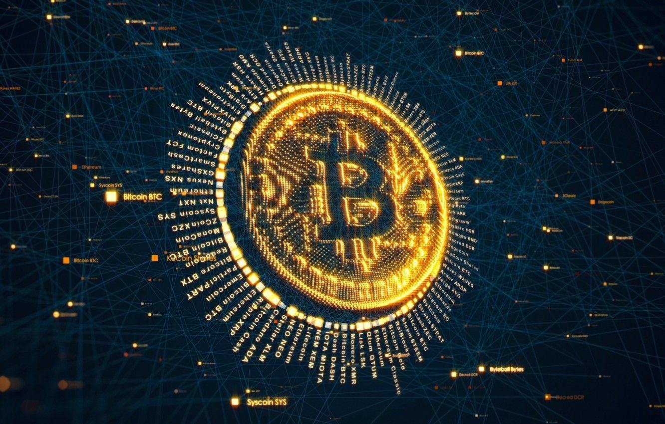 Bitcoin Hintergrund, Kryptografie, Render, BTC, Bild, 1340x850 HD Desktop