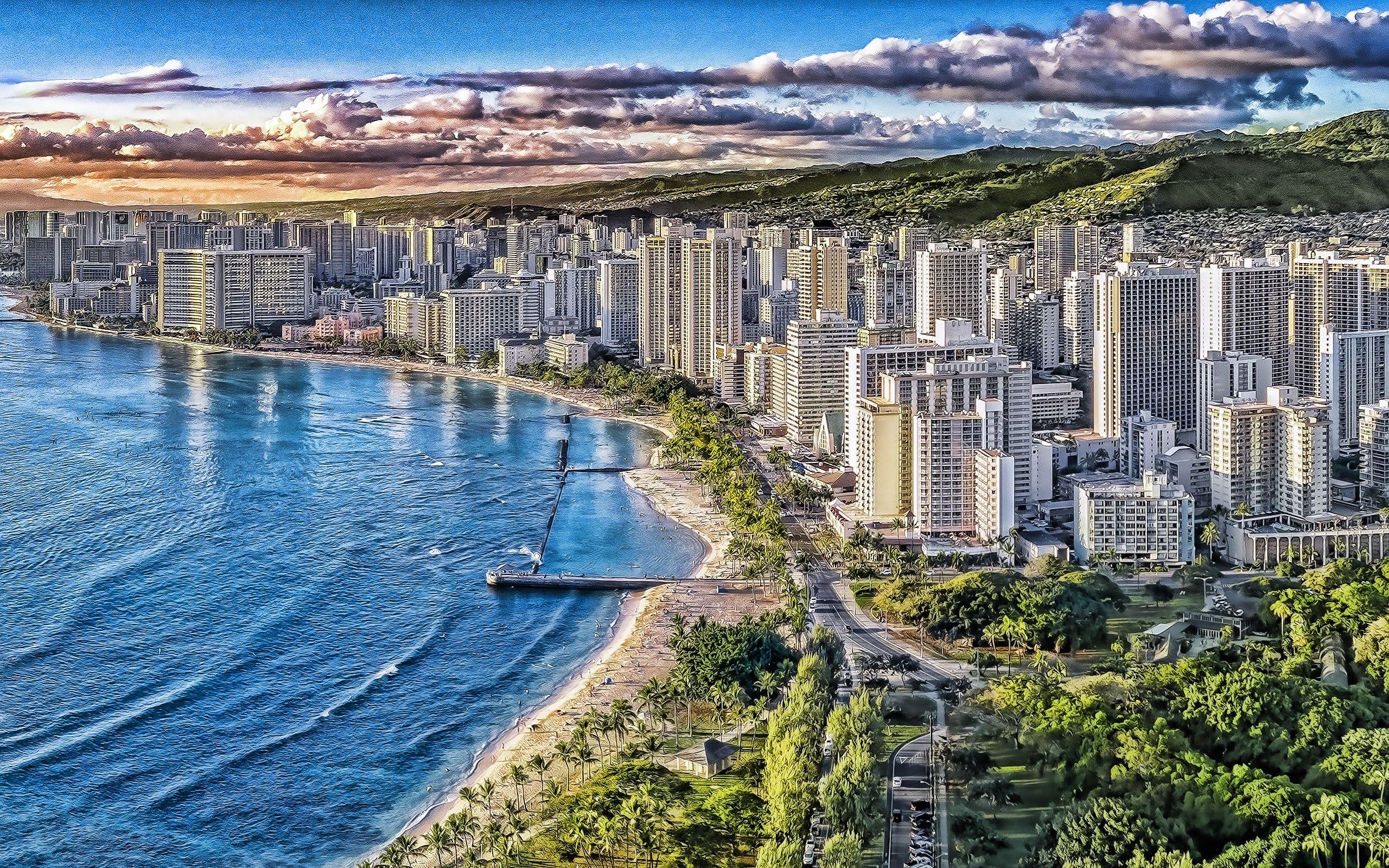 Waikiki, Abend, Sonnenuntergang, Honolulu, Strand, 2560x1600 HD Desktop