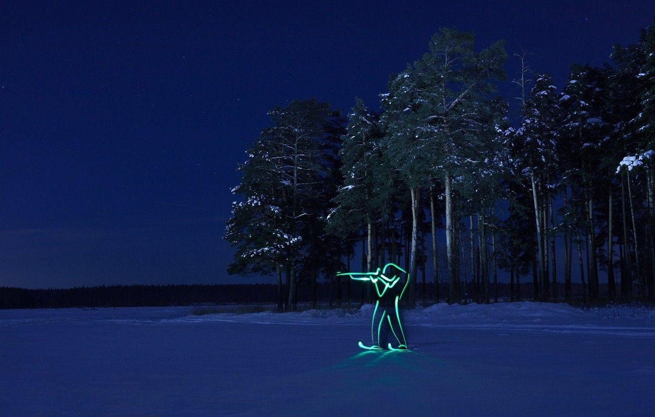 Winter, Wald, Nacht, Silhouette, Biathlon, 1340x850 HD Desktop