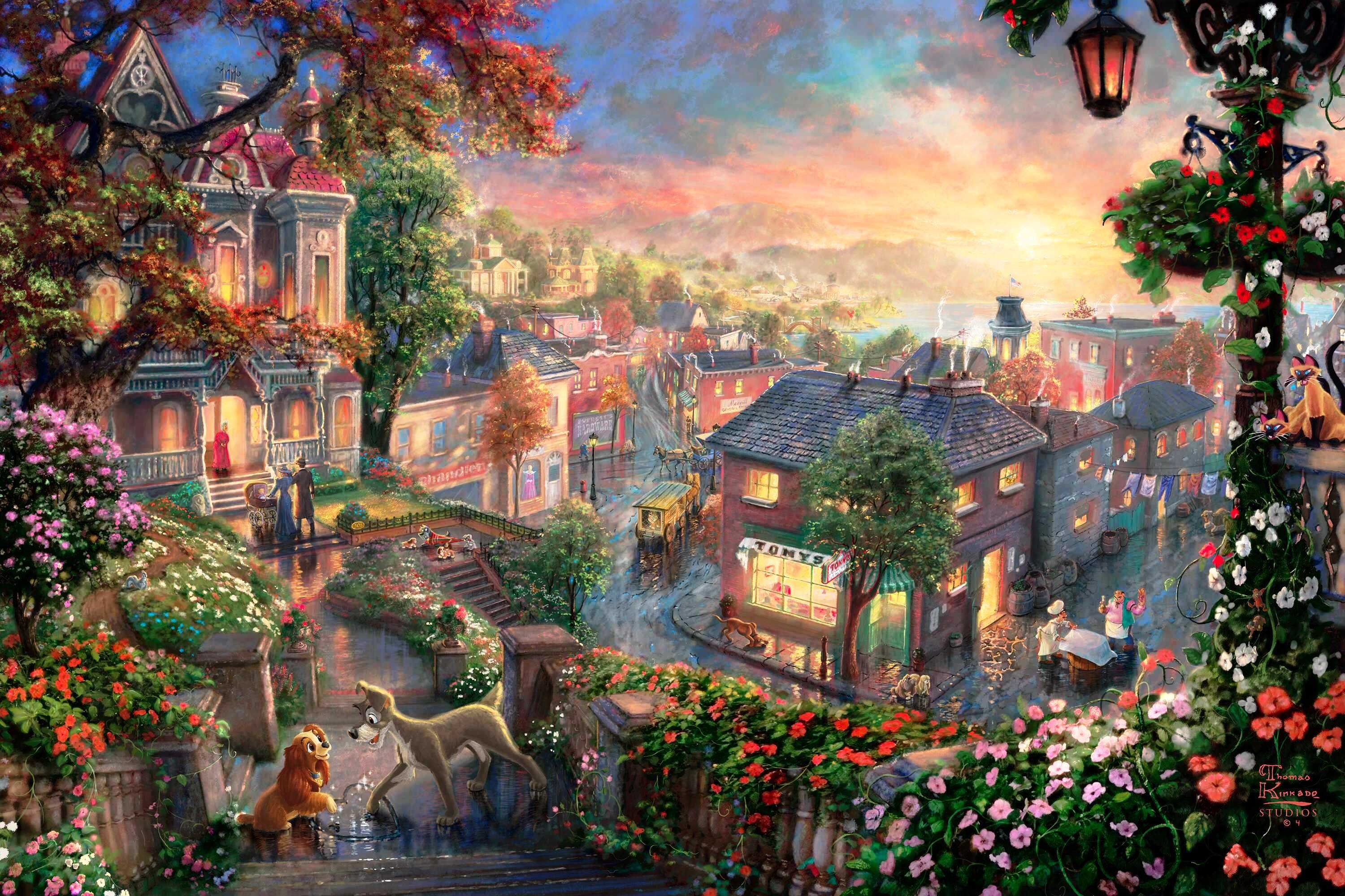 Susi, Strolch, Thomas Kinkade, Cartoon, Kunst, 3000x2000 HD Desktop