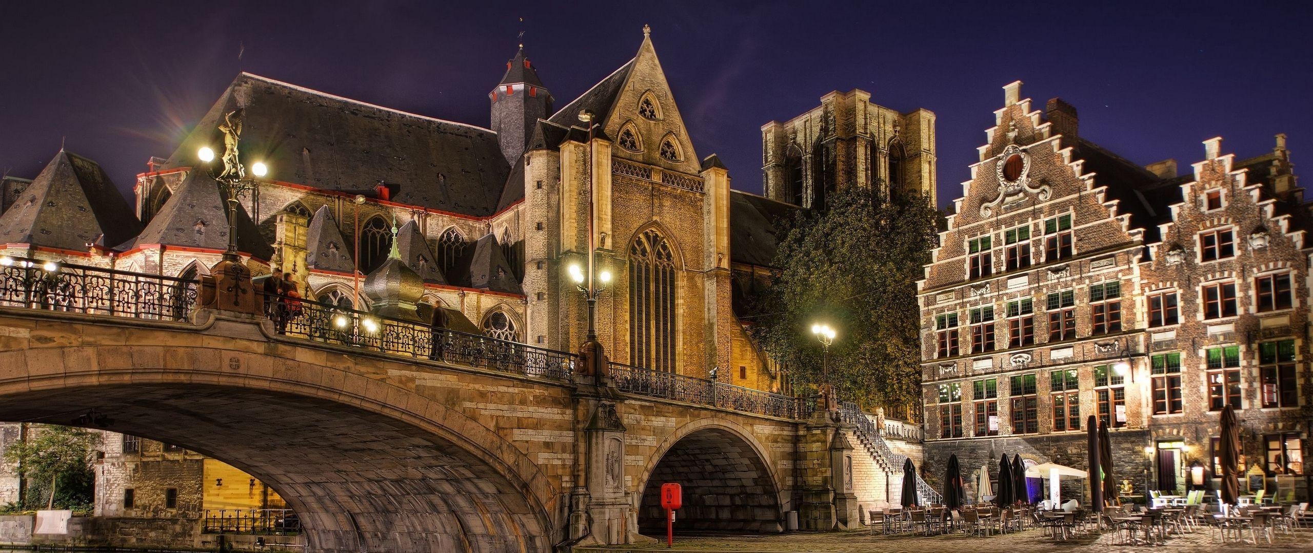 Gent, Flandern, Belgien, Brücke, Reisen, 2560x1080 Dual Screen Desktop