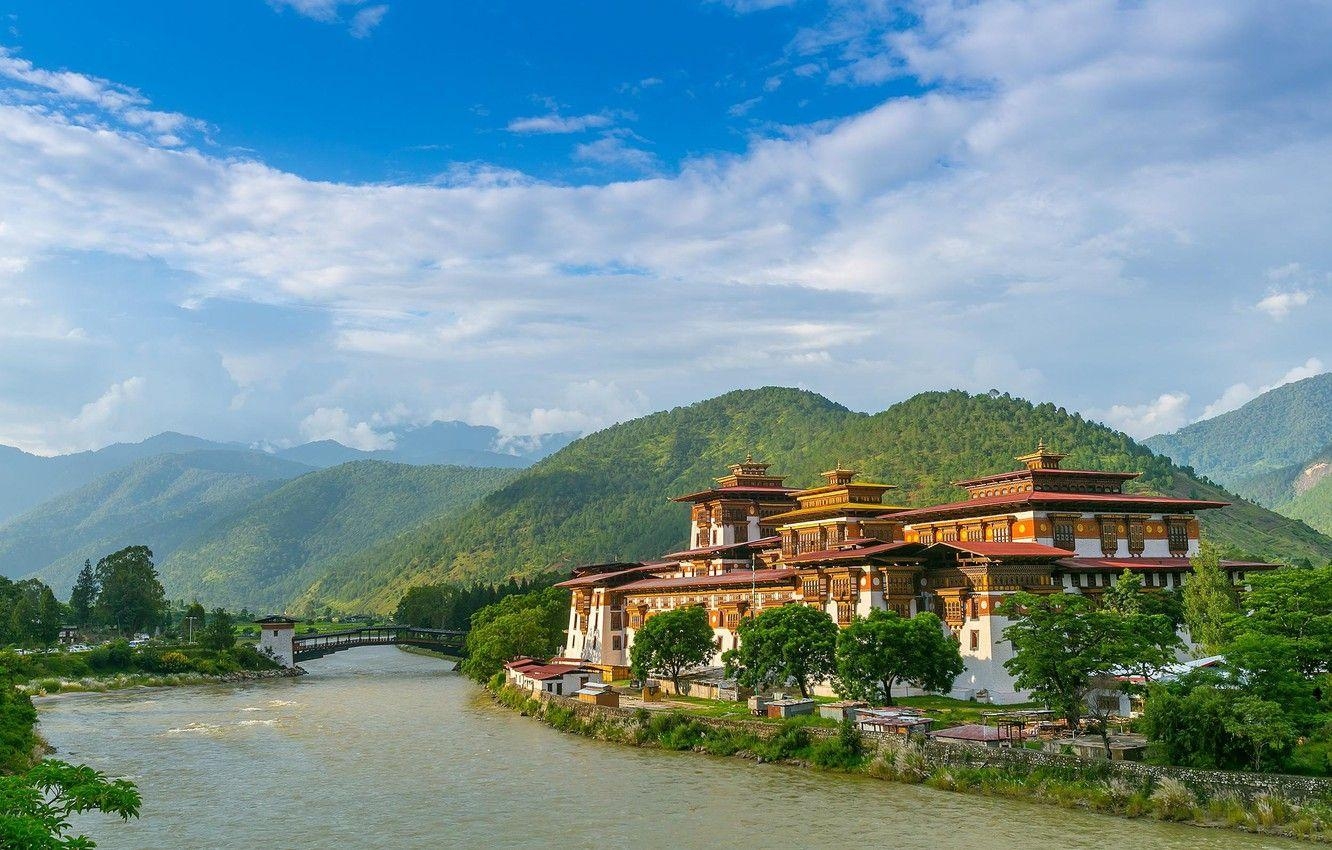 Fluss, Himalaya, Bhutanesisch, Kloster, Bhutan, 1340x850 HD Desktop