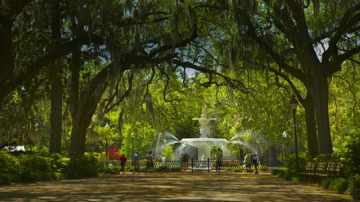 Forsyth Park, Savannah, Brunnen, Georgia, Landschaft, 1370x770 HD Desktop