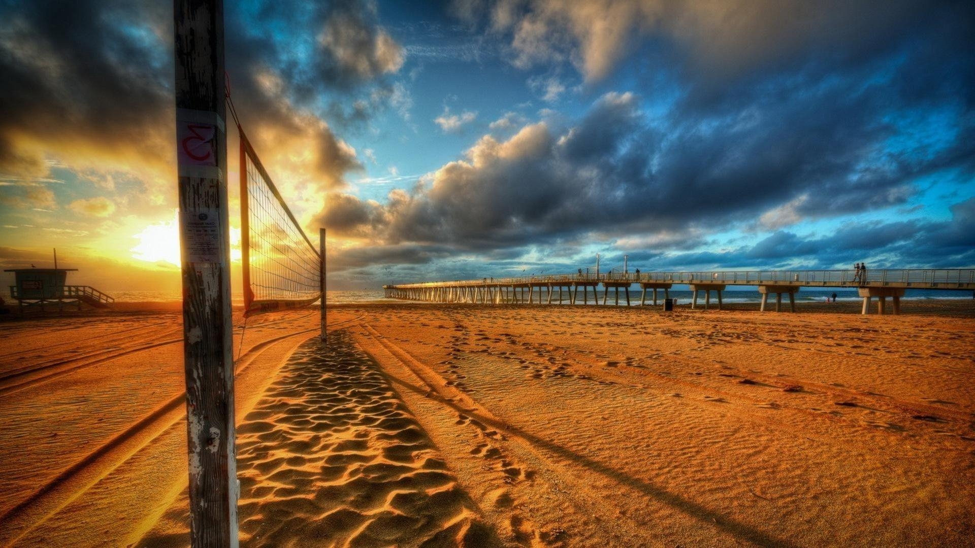 Beach Volleyball, Sonnenuntergang, Meer, Pier, Strand, 1920x1080 Full HD Desktop