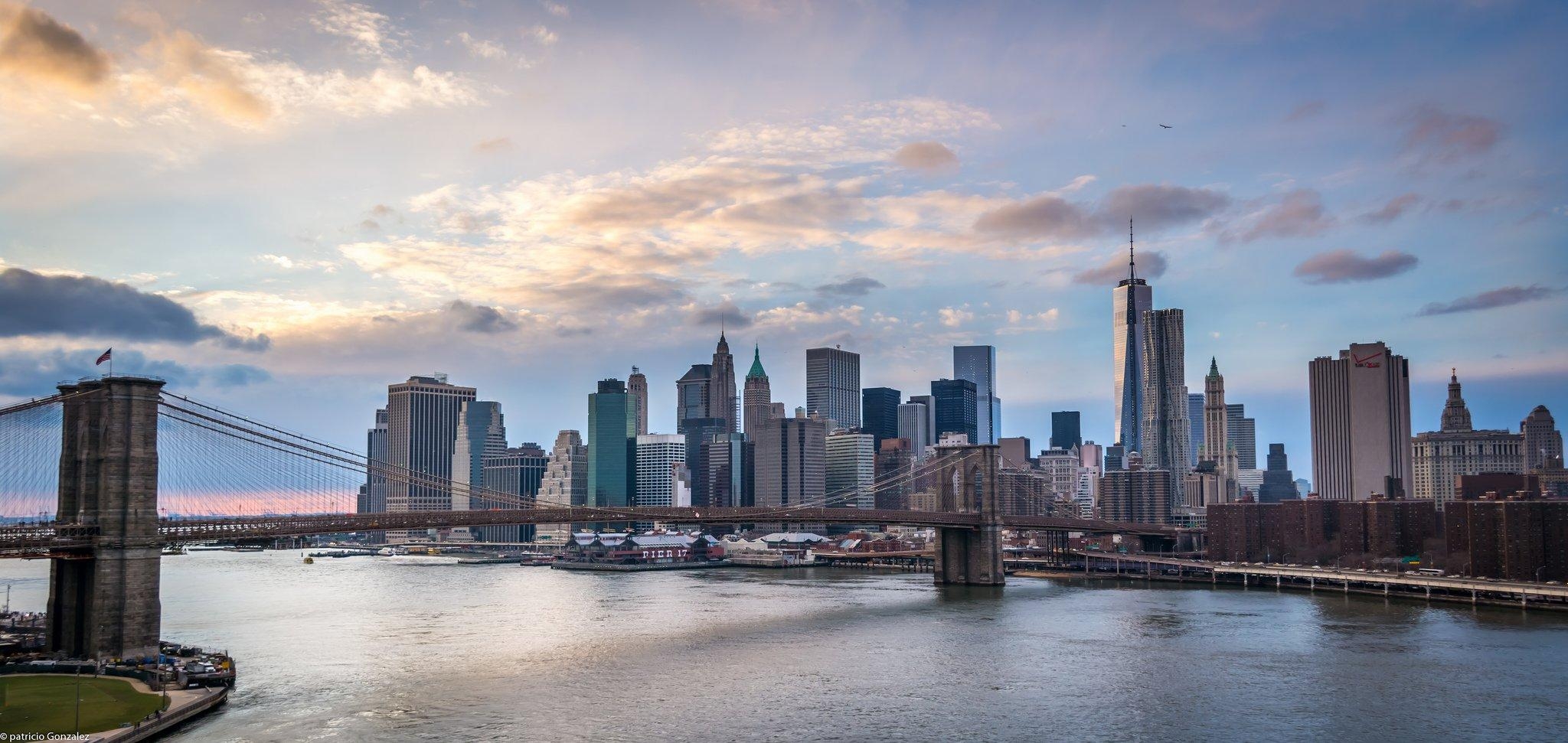 Manhattan, Brooklyn Bridge, New York, Stadt, Flüsse, 2050x980 Dual Screen Desktop