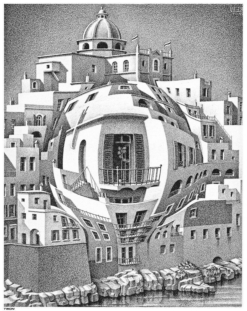 M.C. Escher, Balkon, optische Täuschung, Architektur, surrealistisch, 860x1080 HD Handy