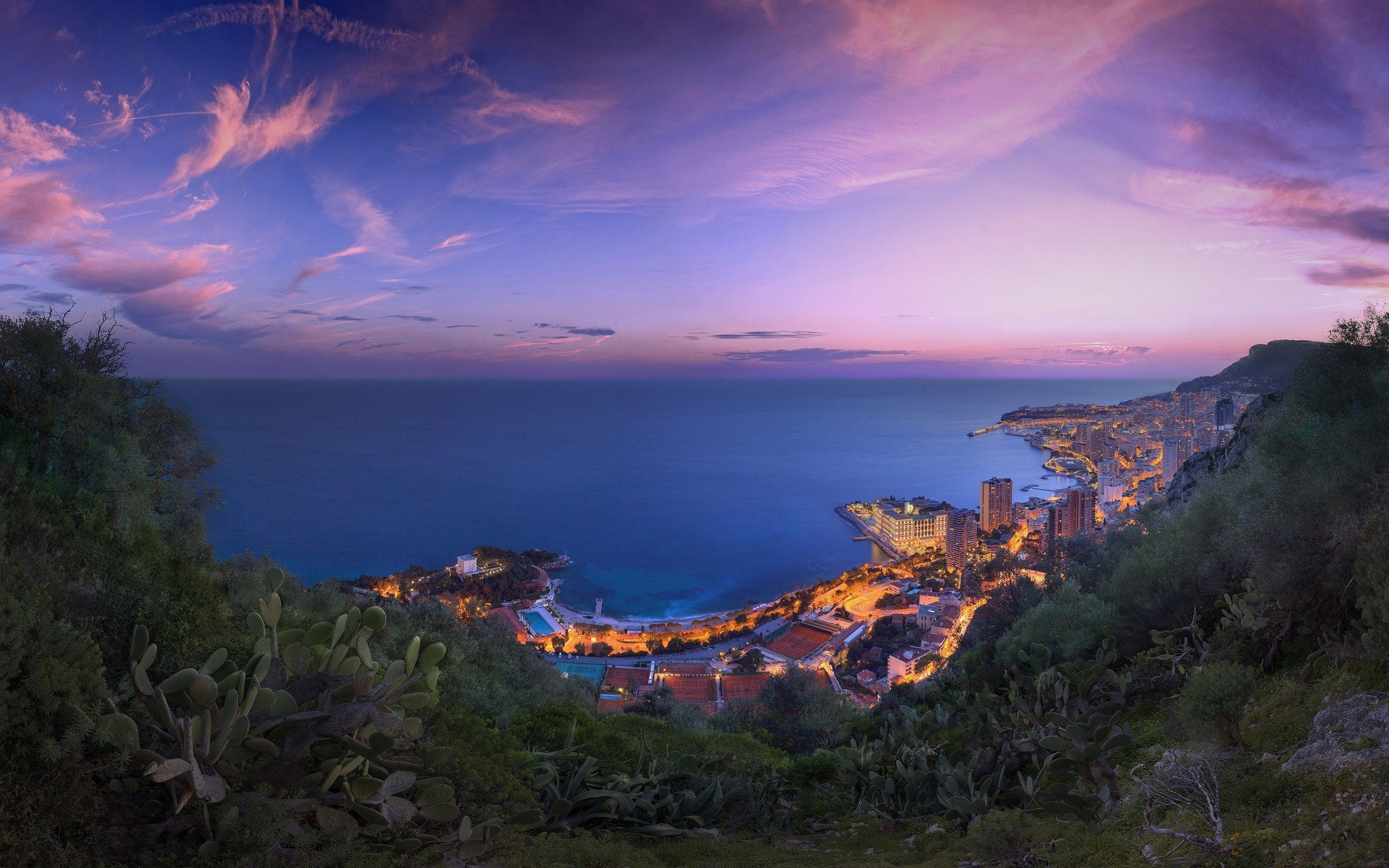 Monaco, Rosa Wolken, Sonnenuntergang, Himmel, Küste, 2880x1800 HD Desktop