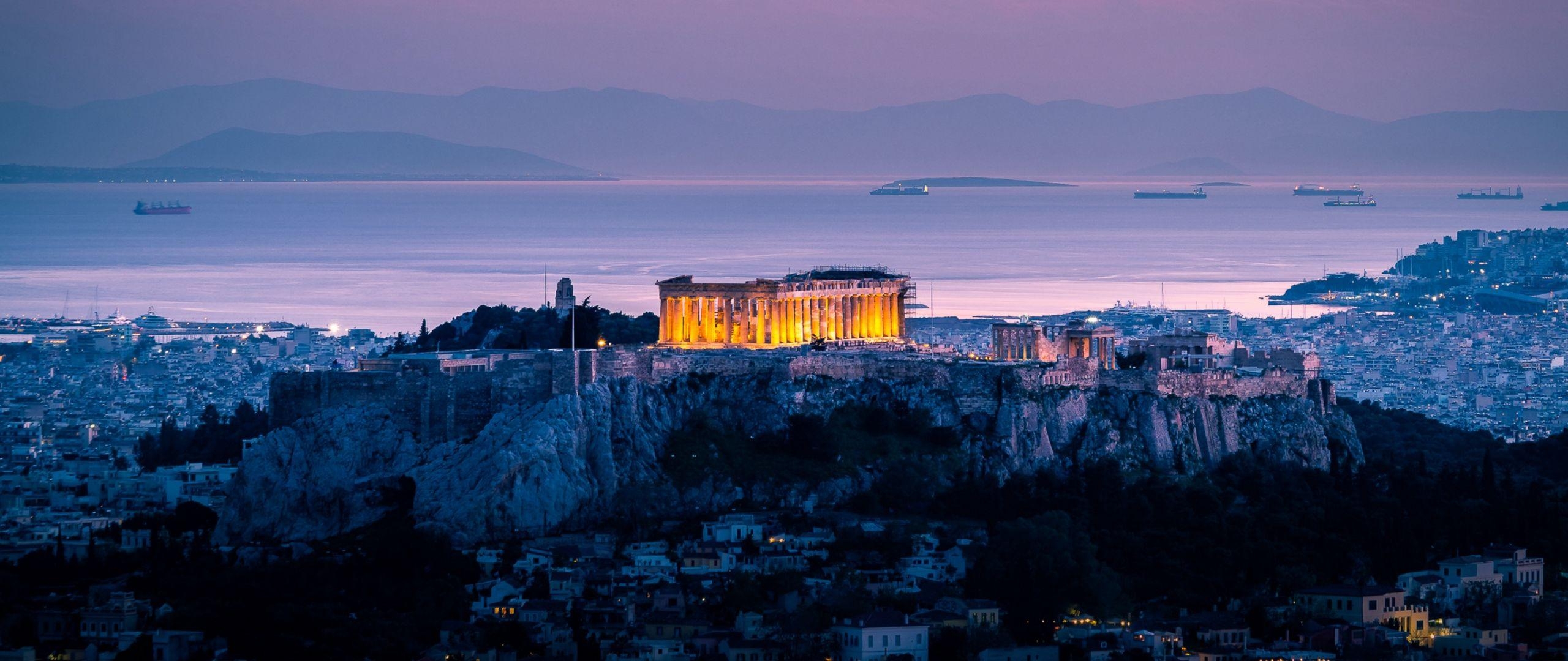 Architektur, Sonnenuntergang, Meer, Athen, Griechenland, 2560x1080 Dual Screen Desktop