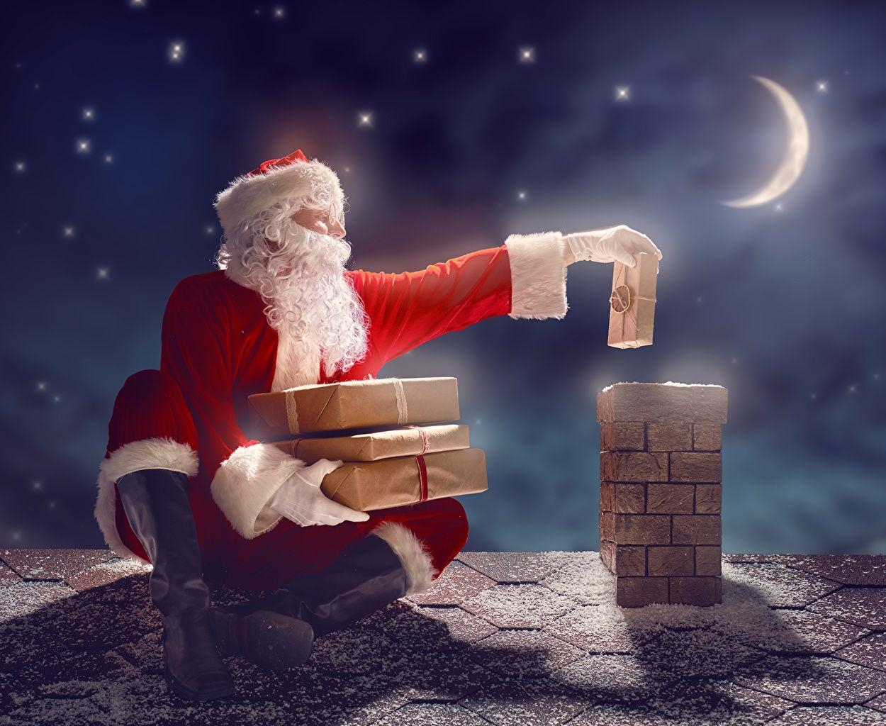 Weihnachtsmann, Dach, Mond, Geschenke, Nacht, 1250x1030 HD Desktop