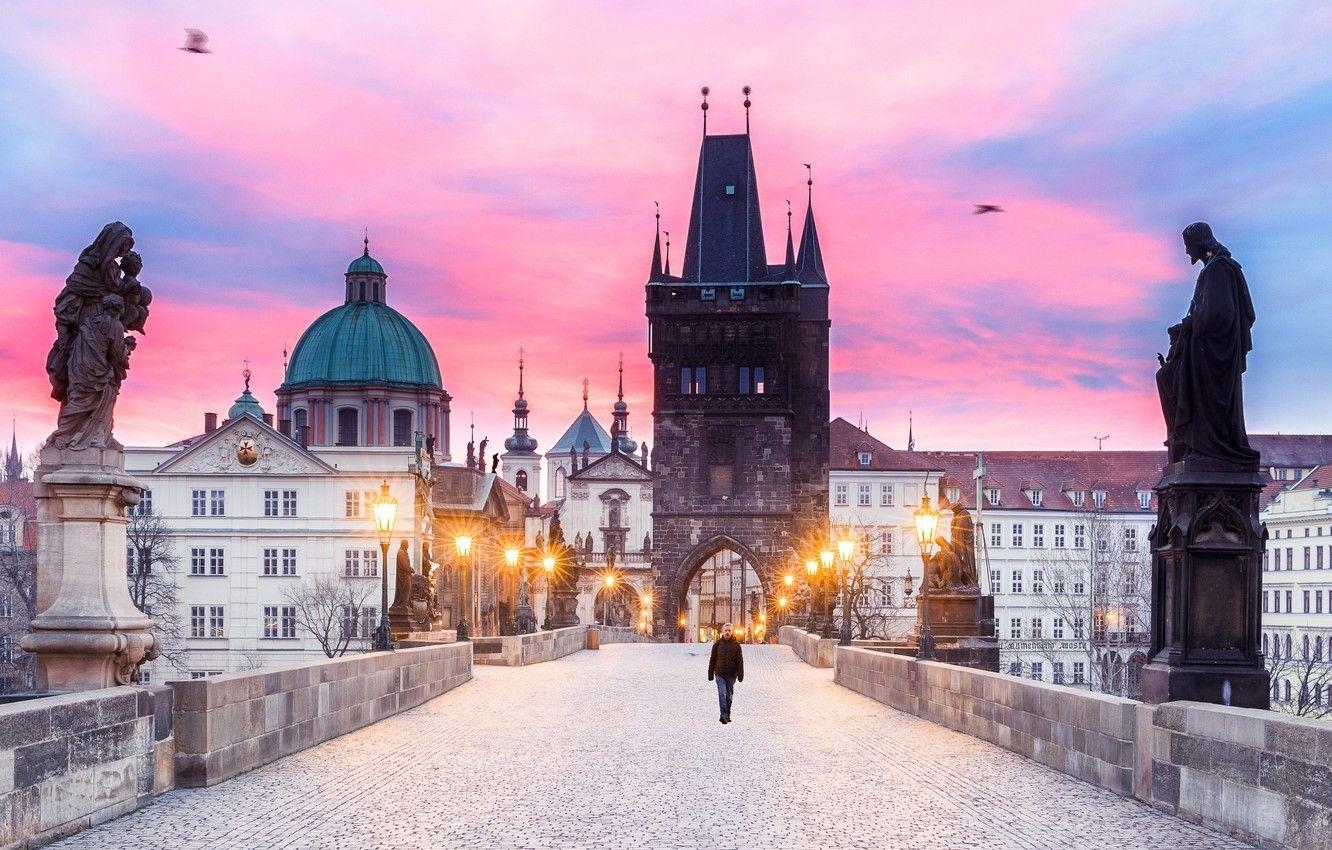 Karlsbrücke, Morgenlicht, Prag, Turm, Tschechien, 1340x850 HD Desktop