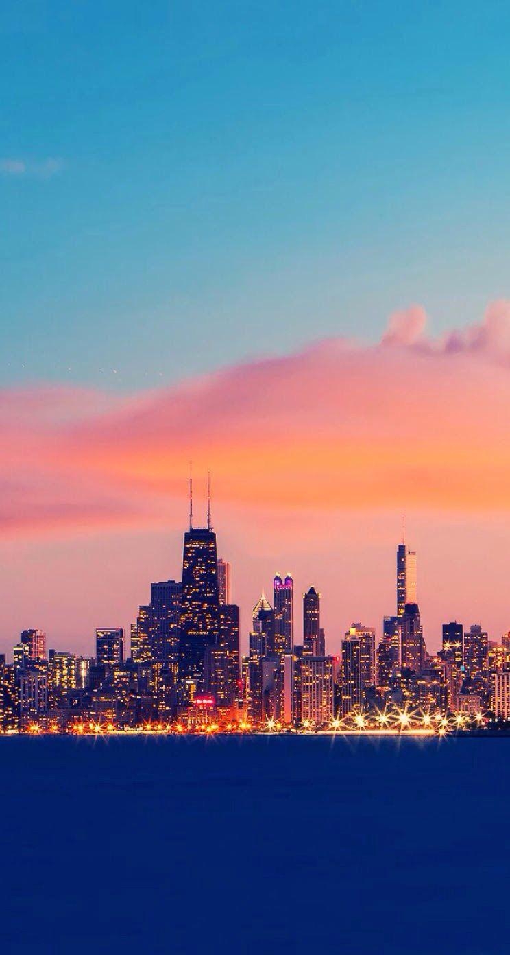 Chicago, Sonnenuntergang, Skyline, Wolkenkratzer, Nachtansicht, 750x1400 HD Handy