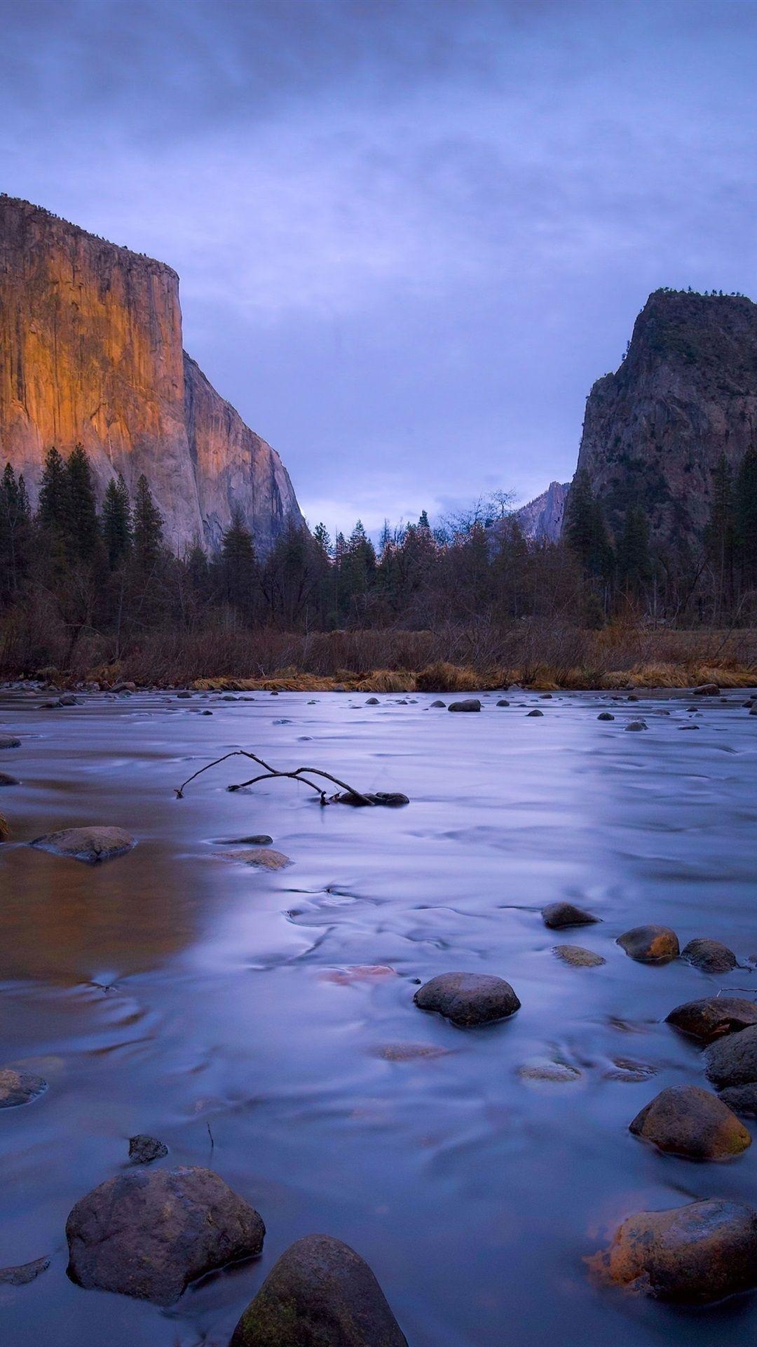 Berge, Bäume, Steine, Fluss, Yosemite, 1080x1920 Full HD Handy