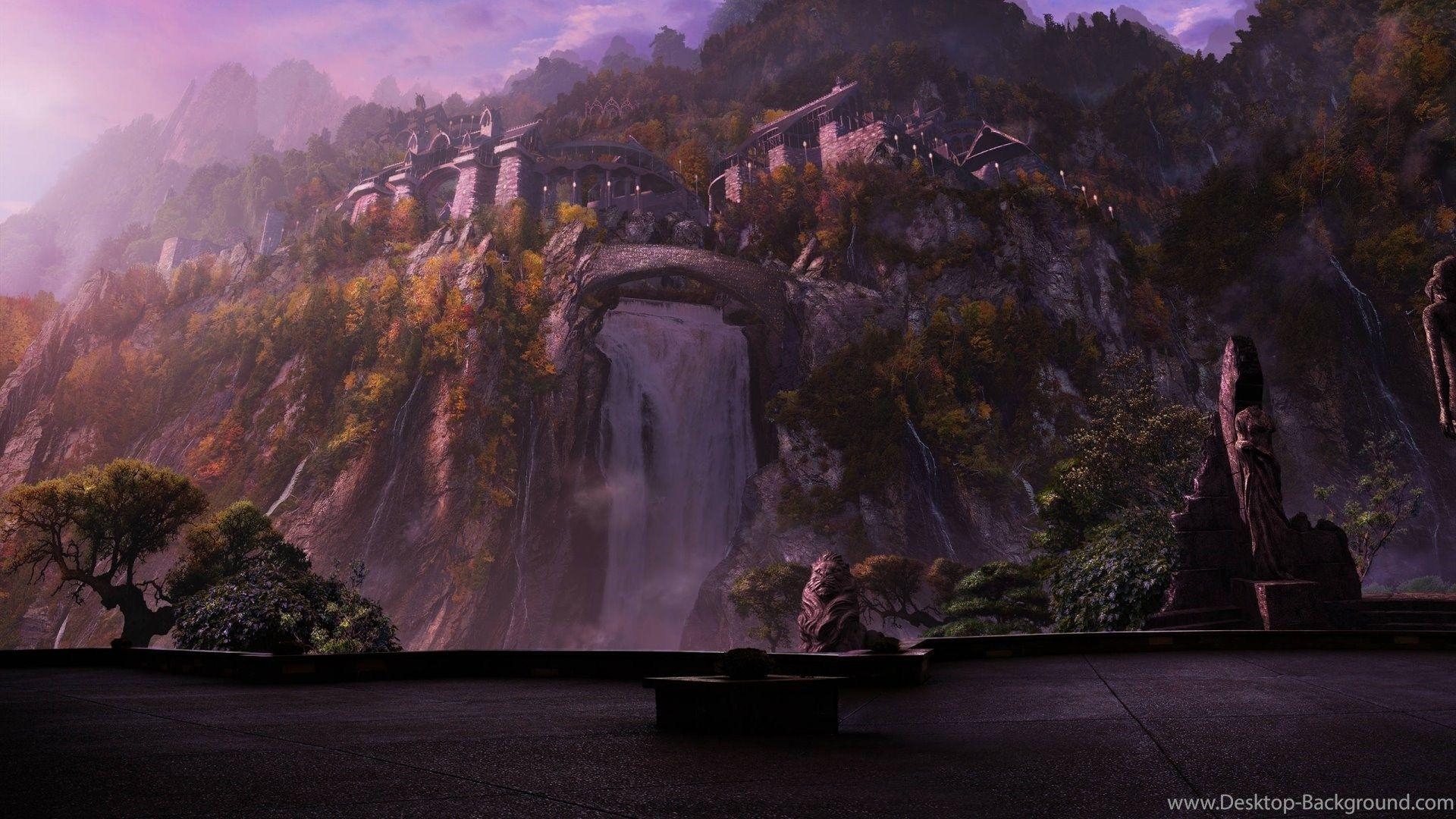 Rivendell, Hobbit, Wasserfall, Herr der Ringe, CGI, 1920x1080 Full HD Desktop