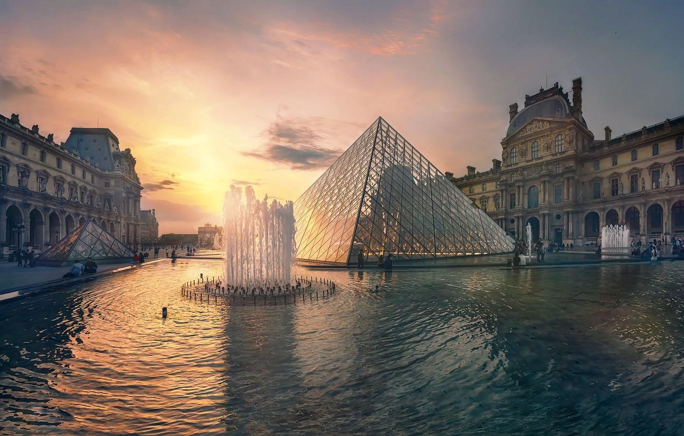 Louvre, Paris, Brunnen, Museum, Frankreich, 1340x850 HD Desktop