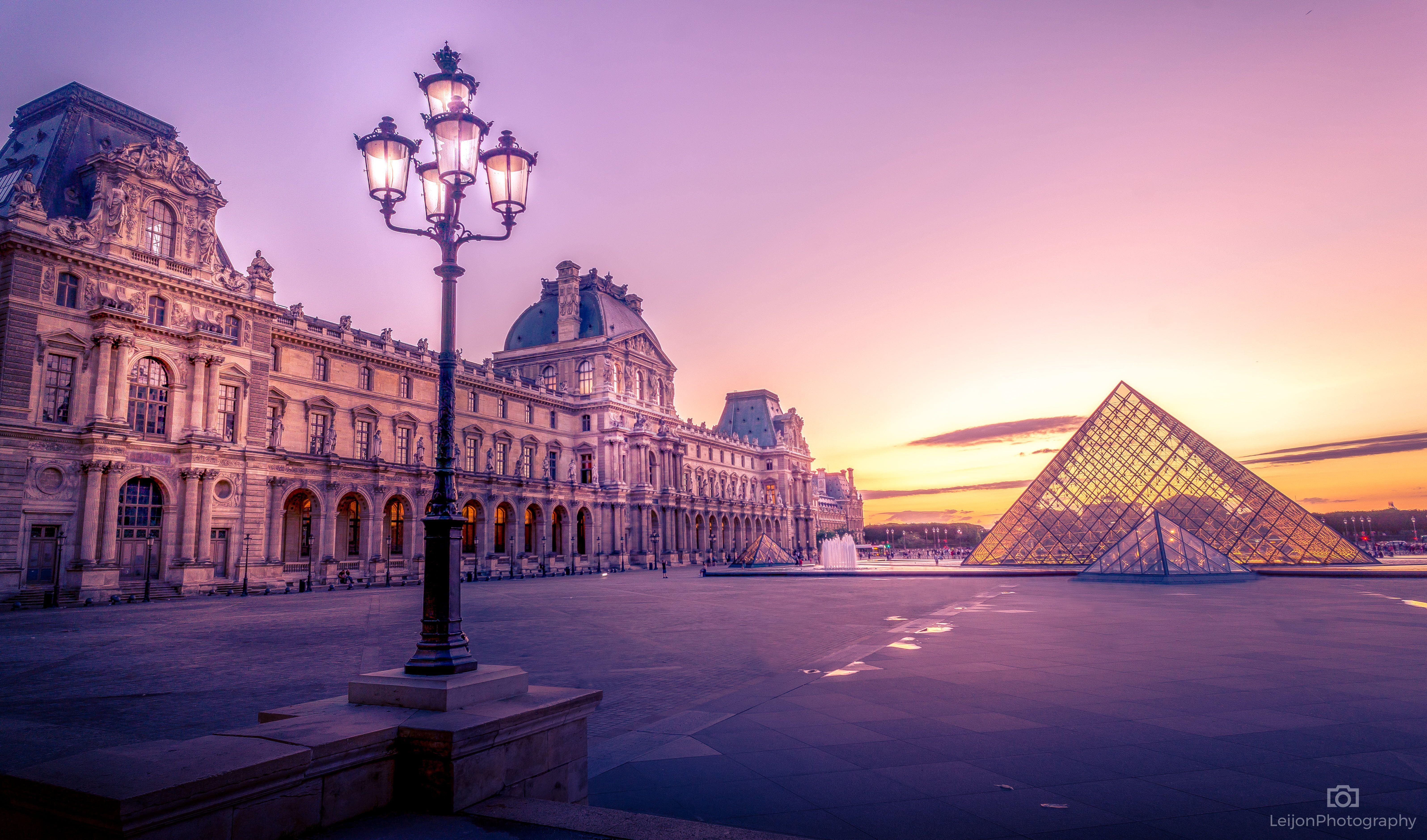 Louvre Pyramide, Glas, Gebäude, Sonnenuntergang, HD, 6390x3760 4K Desktop