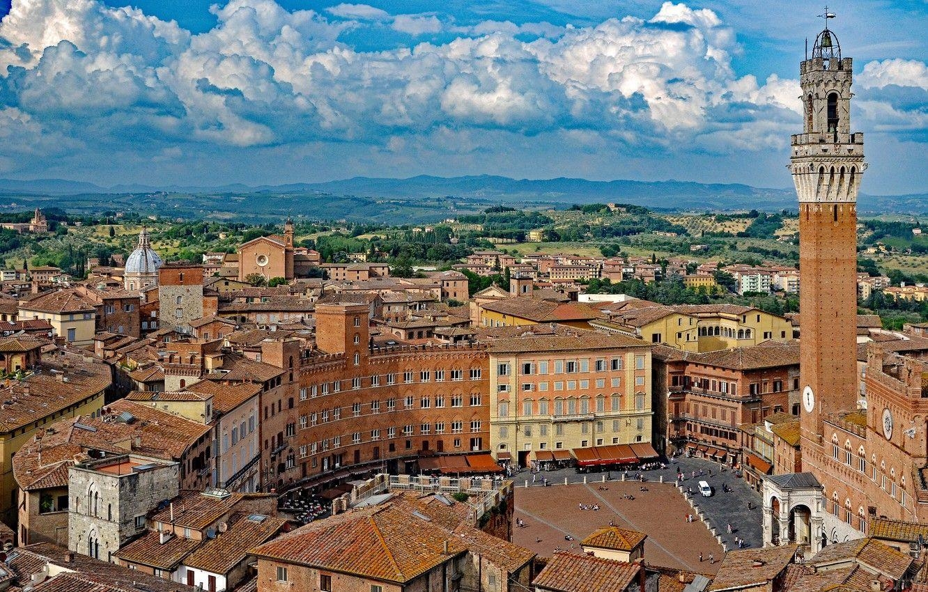 Siena, Toskana, Himmel, Architektur, Italien, 1340x850 HD Desktop