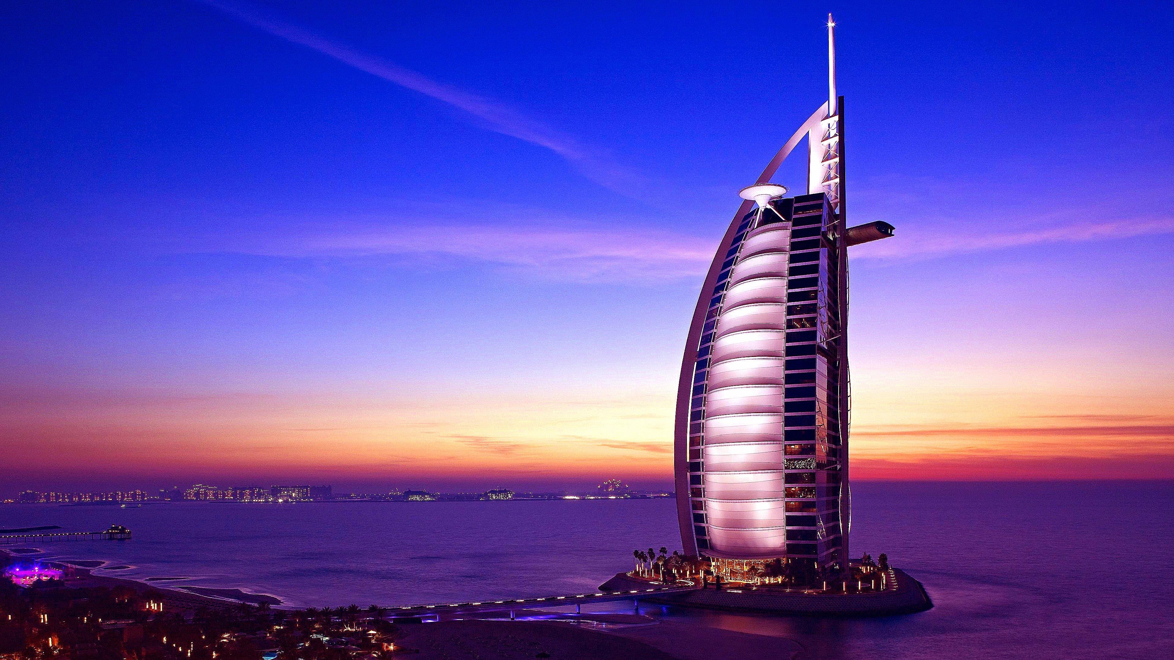 Burj Al Arab, Sonnenuntergang, Dubai, Luxushotel, 3840x2160 4K Desktop