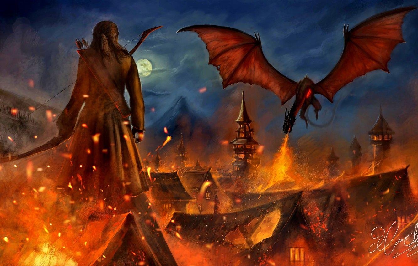 Drache, Feuer, Der Hobbit, Bard, Bogenschütze, 1340x850 HD Desktop