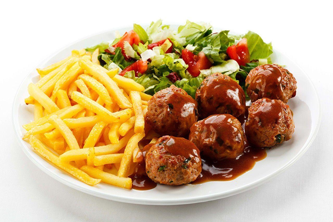 Pommes, Salate, Fleisch, Essenhintergrund, 1280x860 HD Desktop