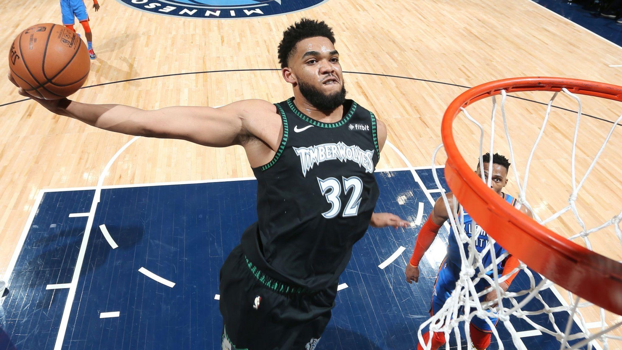 Karl-Anthony Towns, Dunk, Timberwolves, NBA, Basketball, 2050x1160 HD Desktop